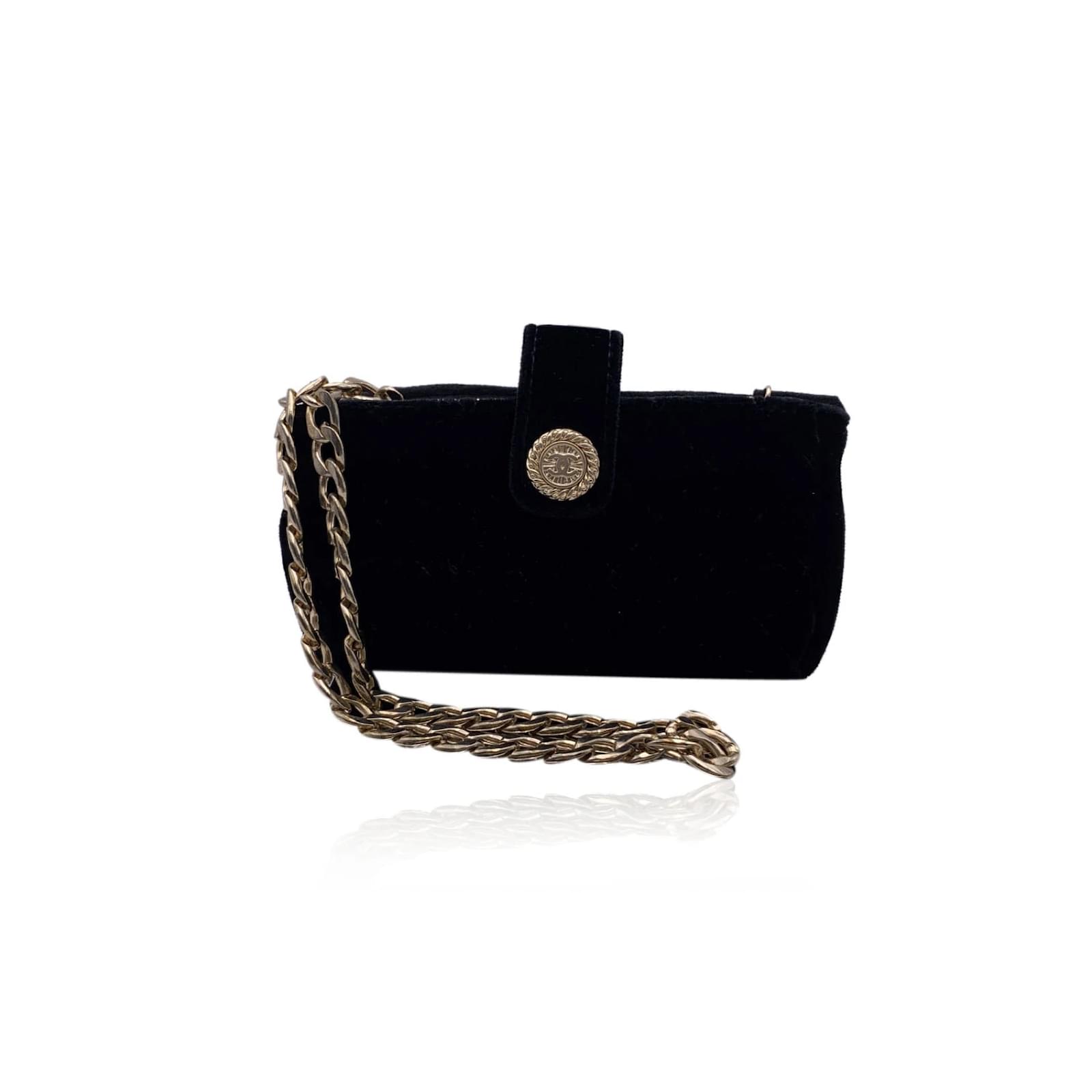 Chanel Black Velvet Quilted Leather Mini Pouch Bag with Chain ref