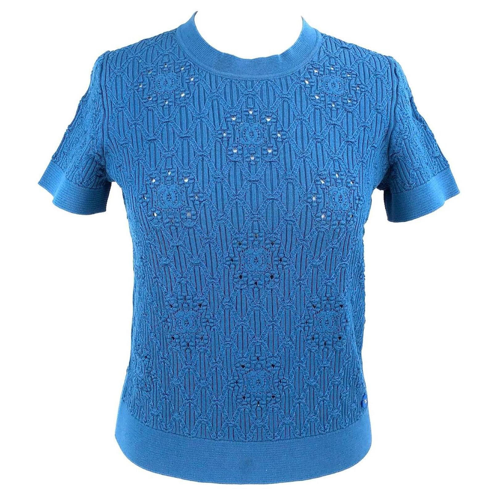 Chanel 23P Blue White CC Logo Ribbed Stretch Cotton Knit TShirt Top Shirt  36  eBay