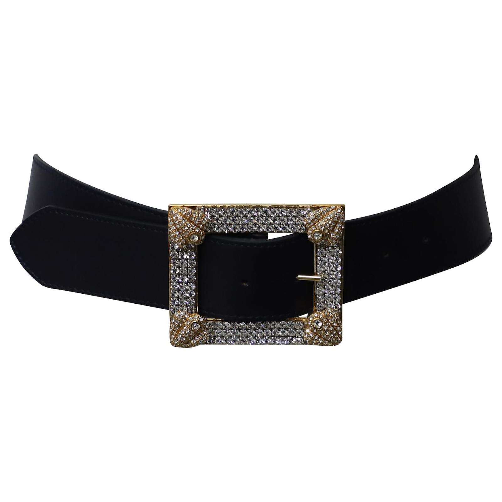 Alessandra Rich Belt with Crystal Embellished Buckle in Black