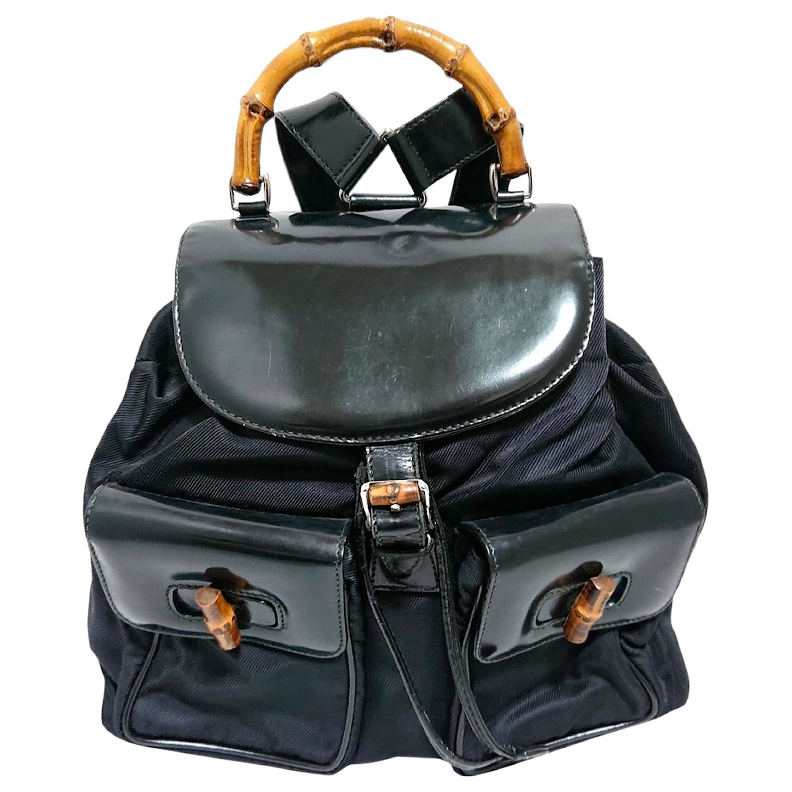 Gucci Black Bamboo Drawstring Nylon Backpack Leather Ponystyle