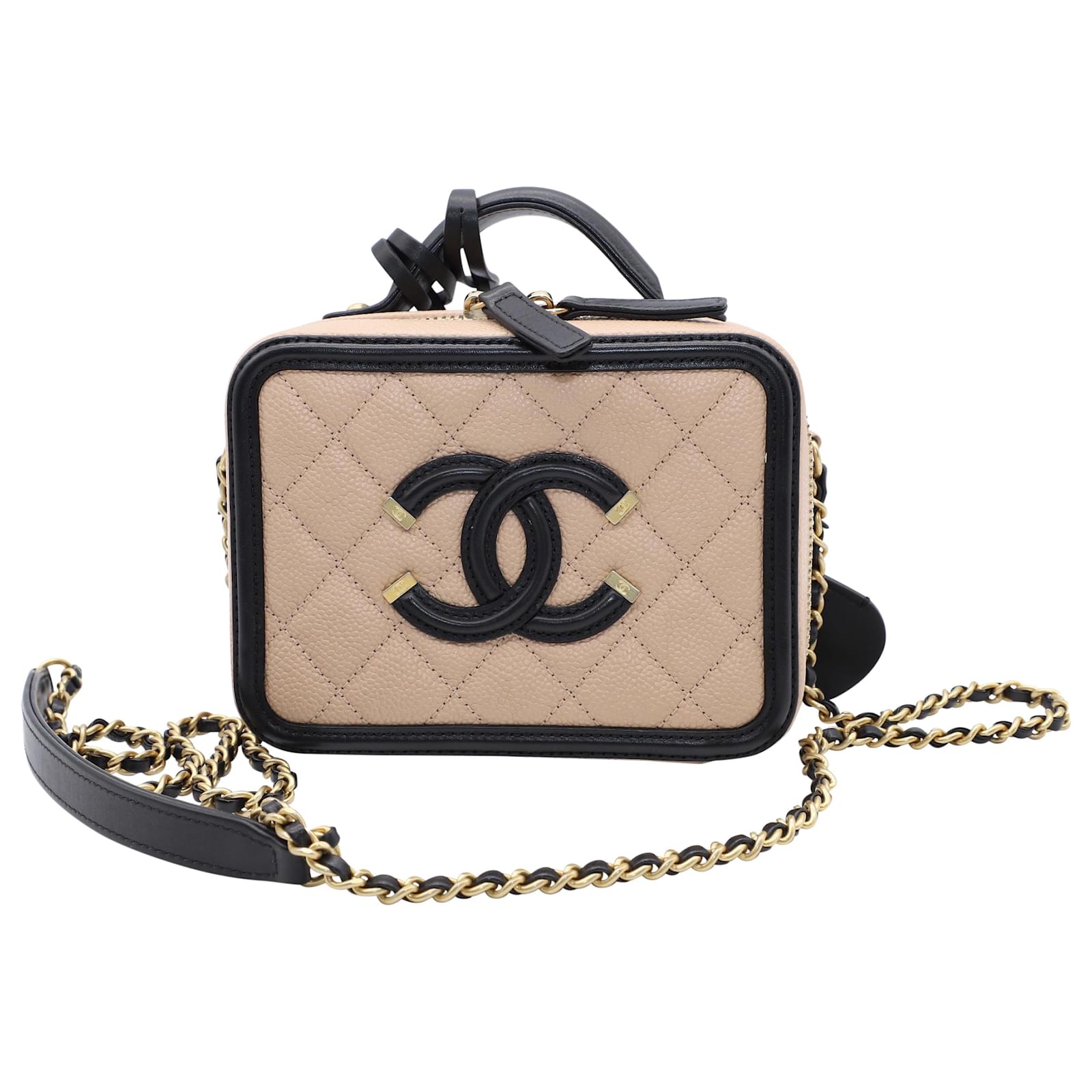 Chanel Small CC Filigree Vanity Case in Beige Leather  - Joli  Closet