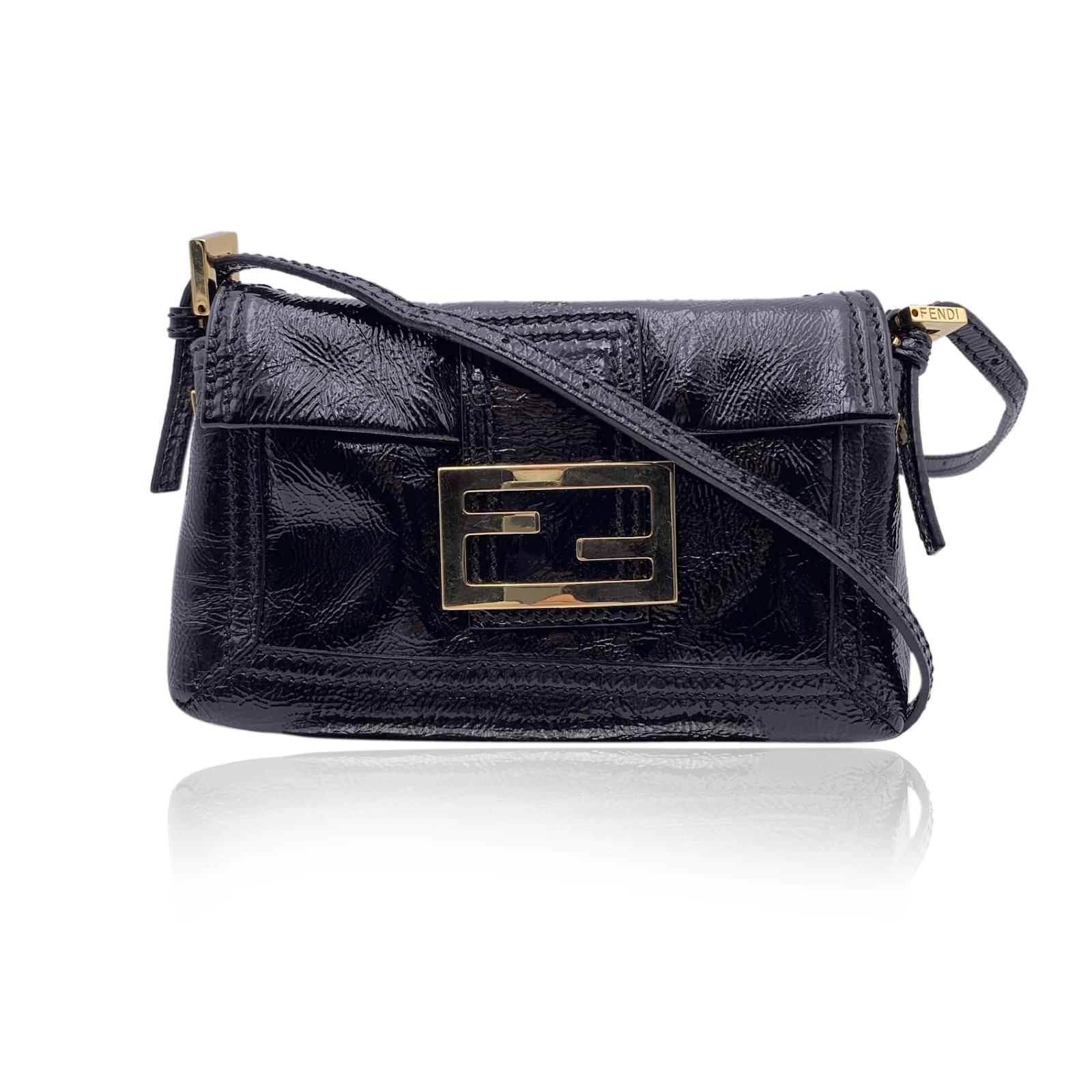 Fendi Black Patent Leather Mini Baguette Crossbody Shoulder Bag