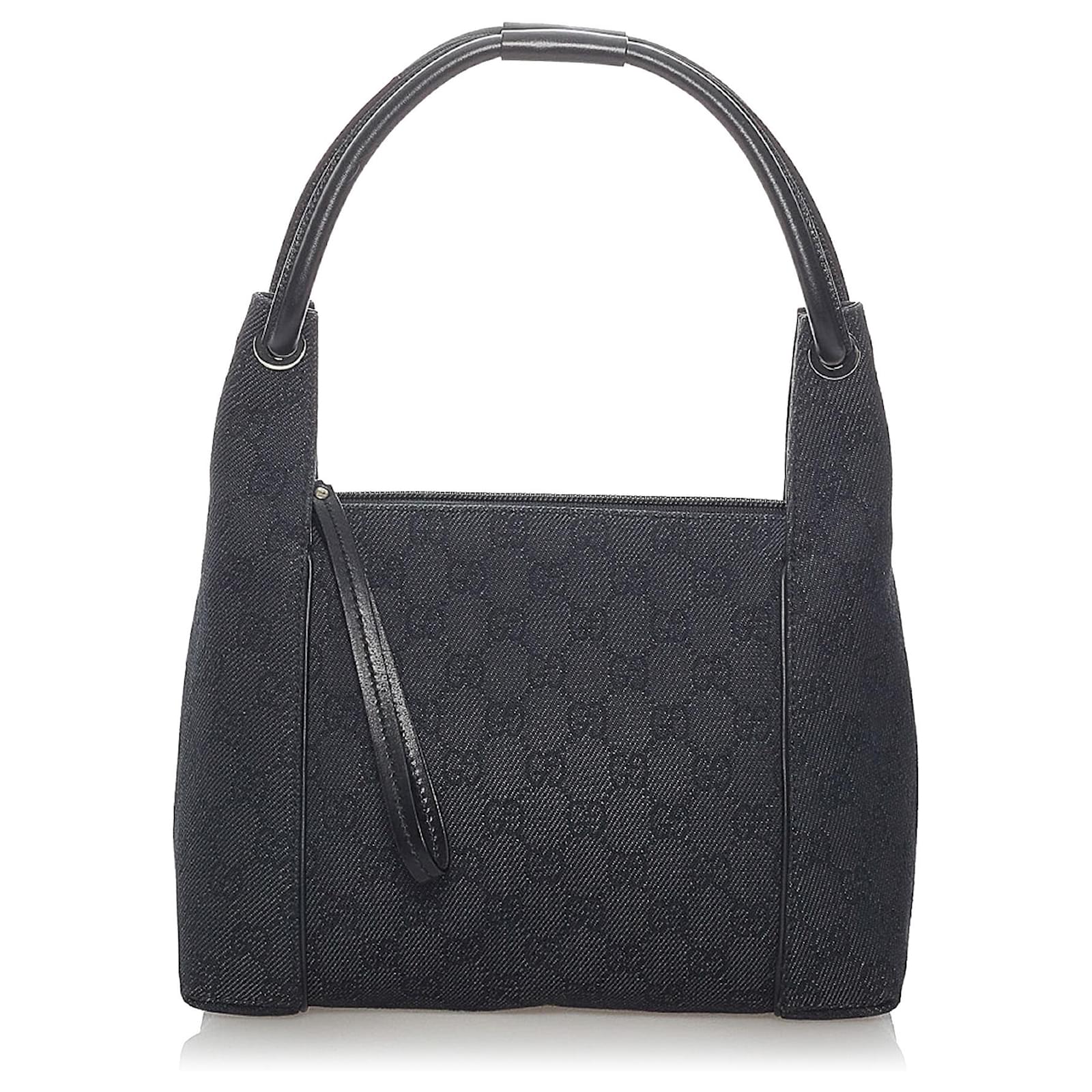 Gucci Black GG Canvas Shoulder Bag Leather Cloth Ponystyle calfskin
