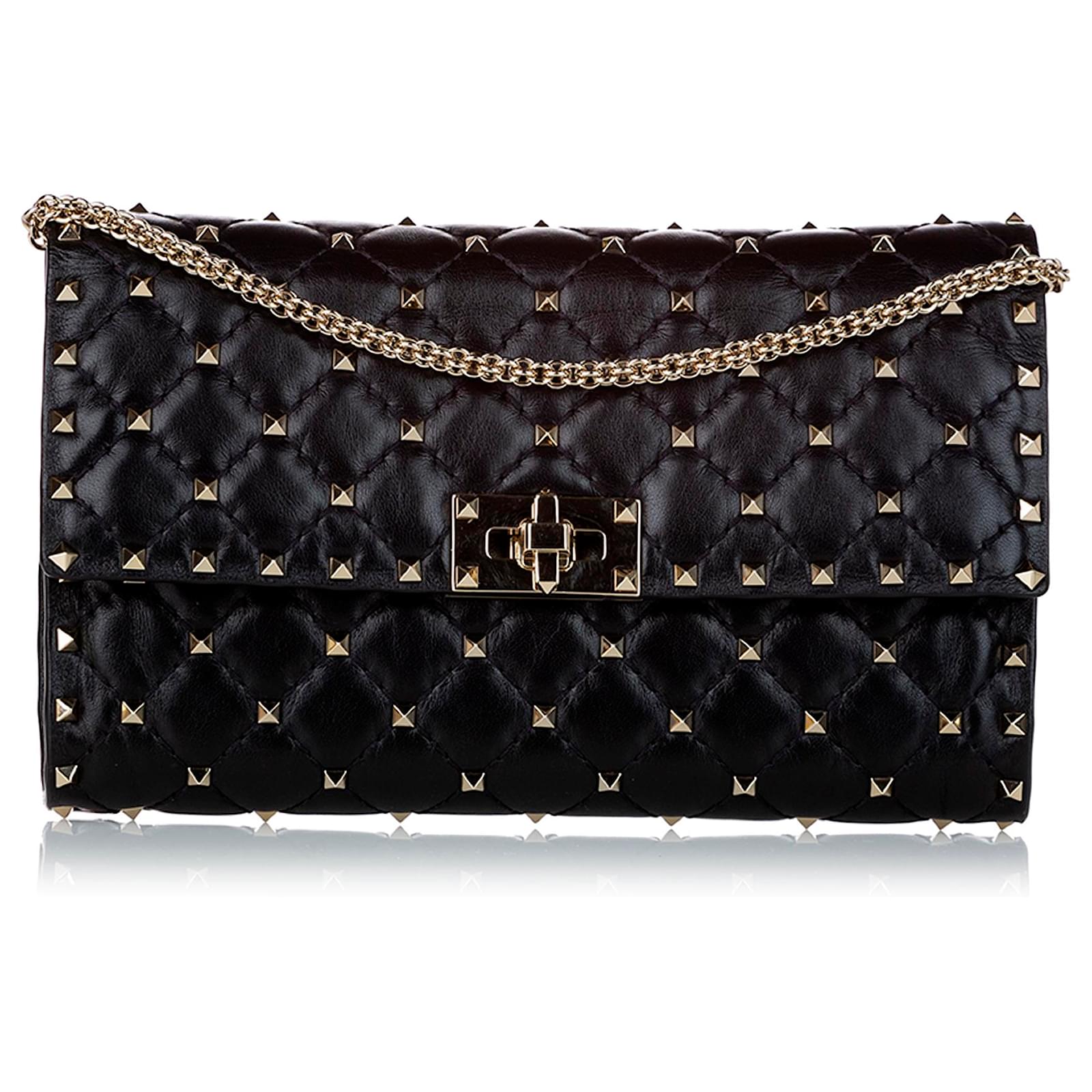 Rockstud Calfskin Chain Pouch for Woman in Black