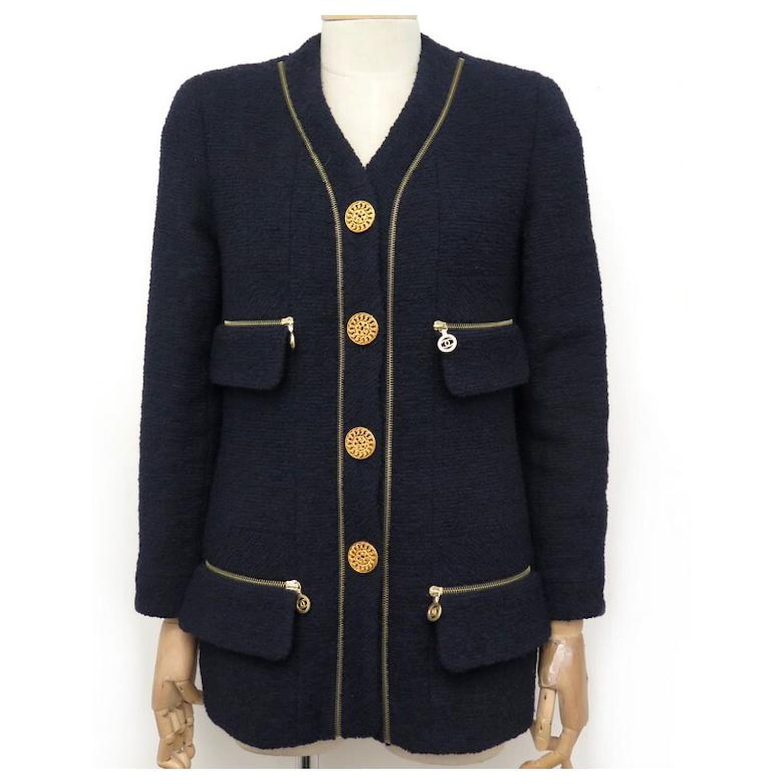 VINTAGE CHANEL JACKET CHAIN BUTTONS S 36 NAVY BLUE WOOL TWEED