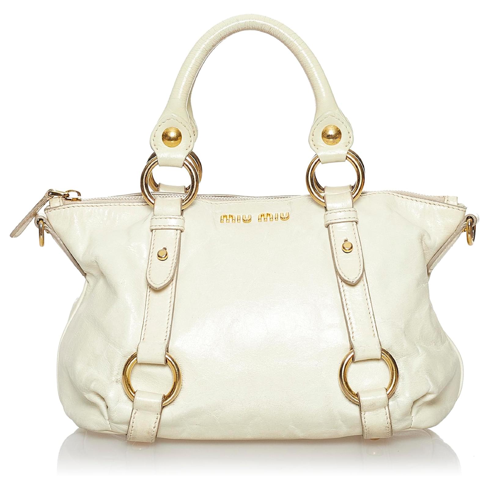 Miu Miu White Vitello Shine Satchel Cream Leather Pony-style