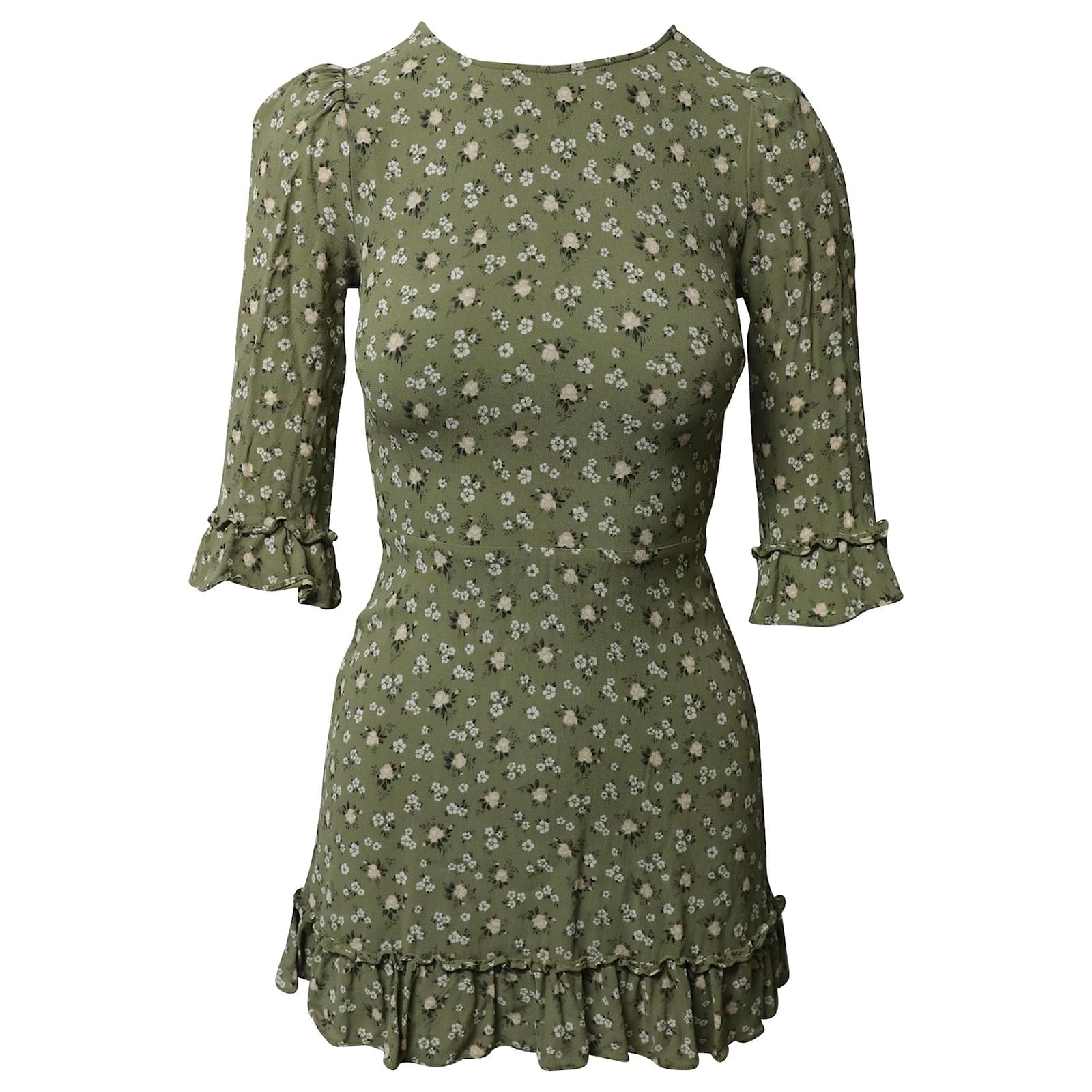 Reformation Floral Print Round Neck Mini Dress in Green Viscose