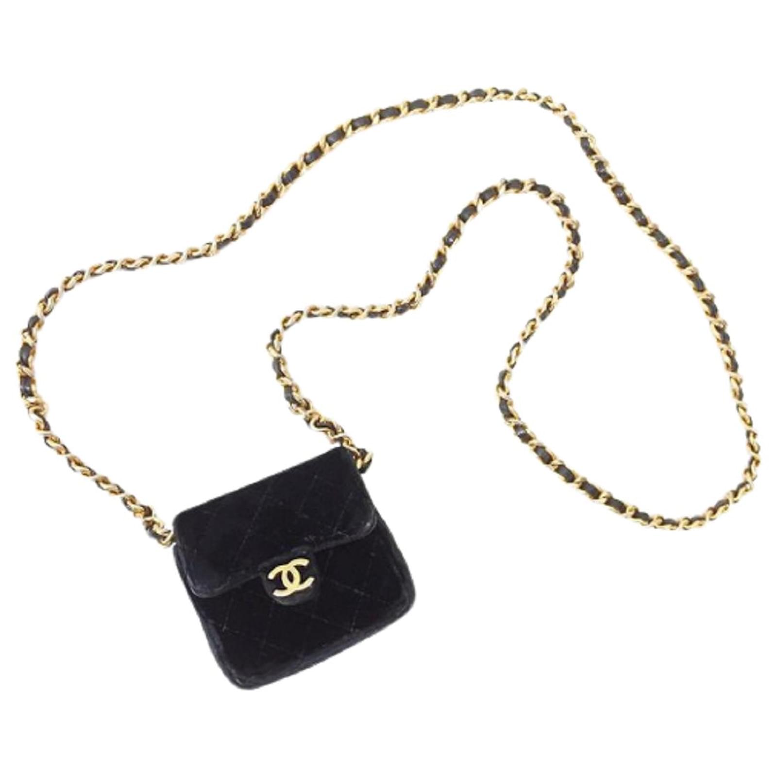 Used] Chanel Mini Matrasse Velvet Velor Bag Pouch Leather Black