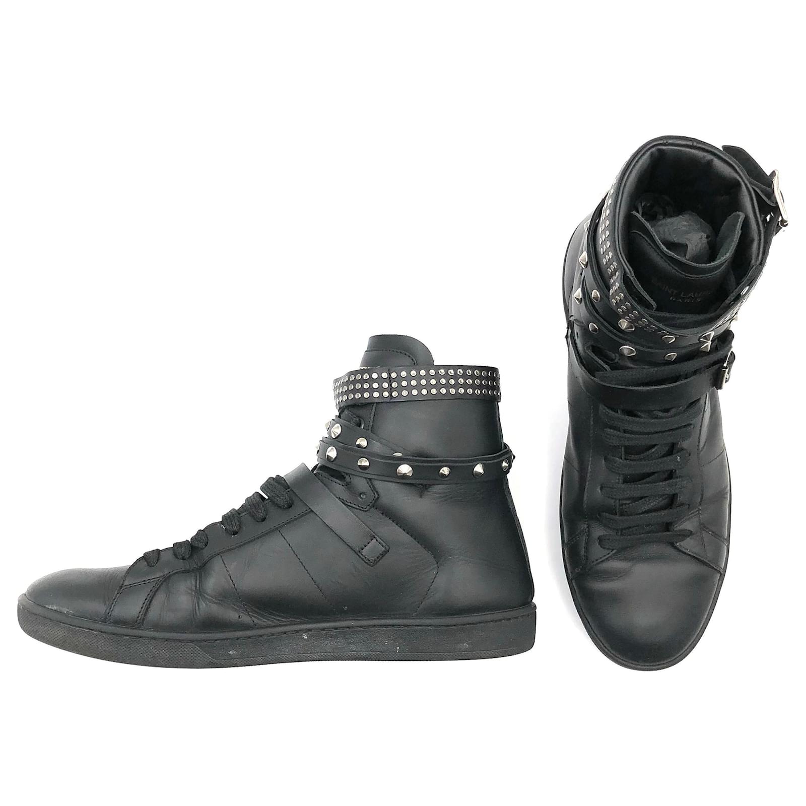 Saint Laurent Paris high top sneakers in black leather with spikes