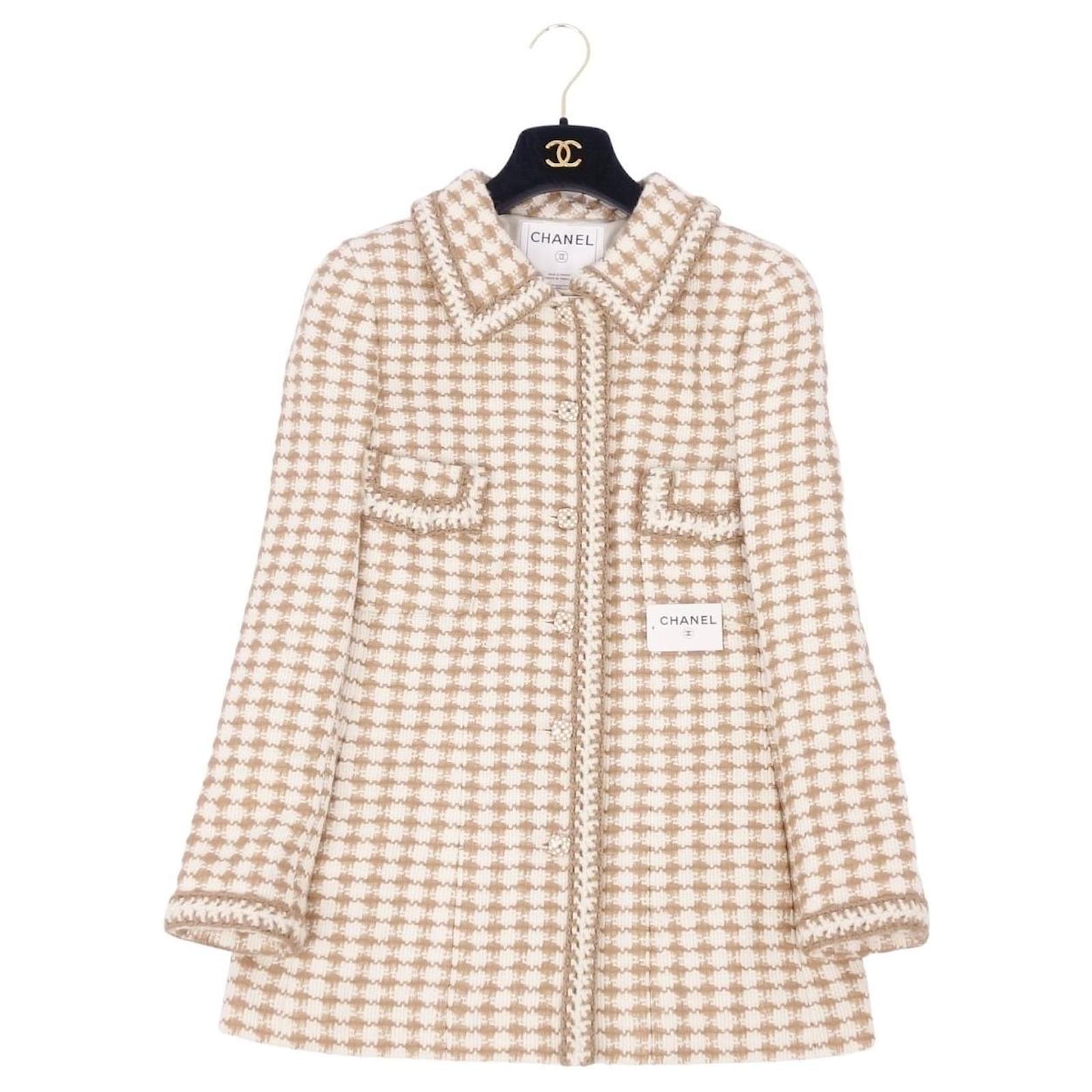 *[Used] Vintage Chanel Jacket Coco Mark Tweed Knit Piping Wool Houndstooth  Beige / White Size 36 (S equivalent)