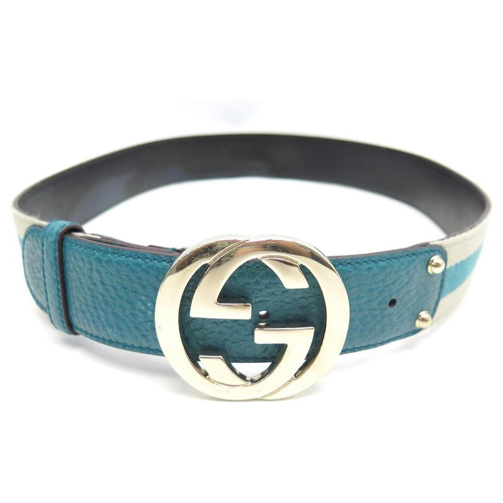 GUCCI SILVER GG BUCKLE BELT 114876 taille 85 IN BLUE LEATHER & CANVAS BELT
