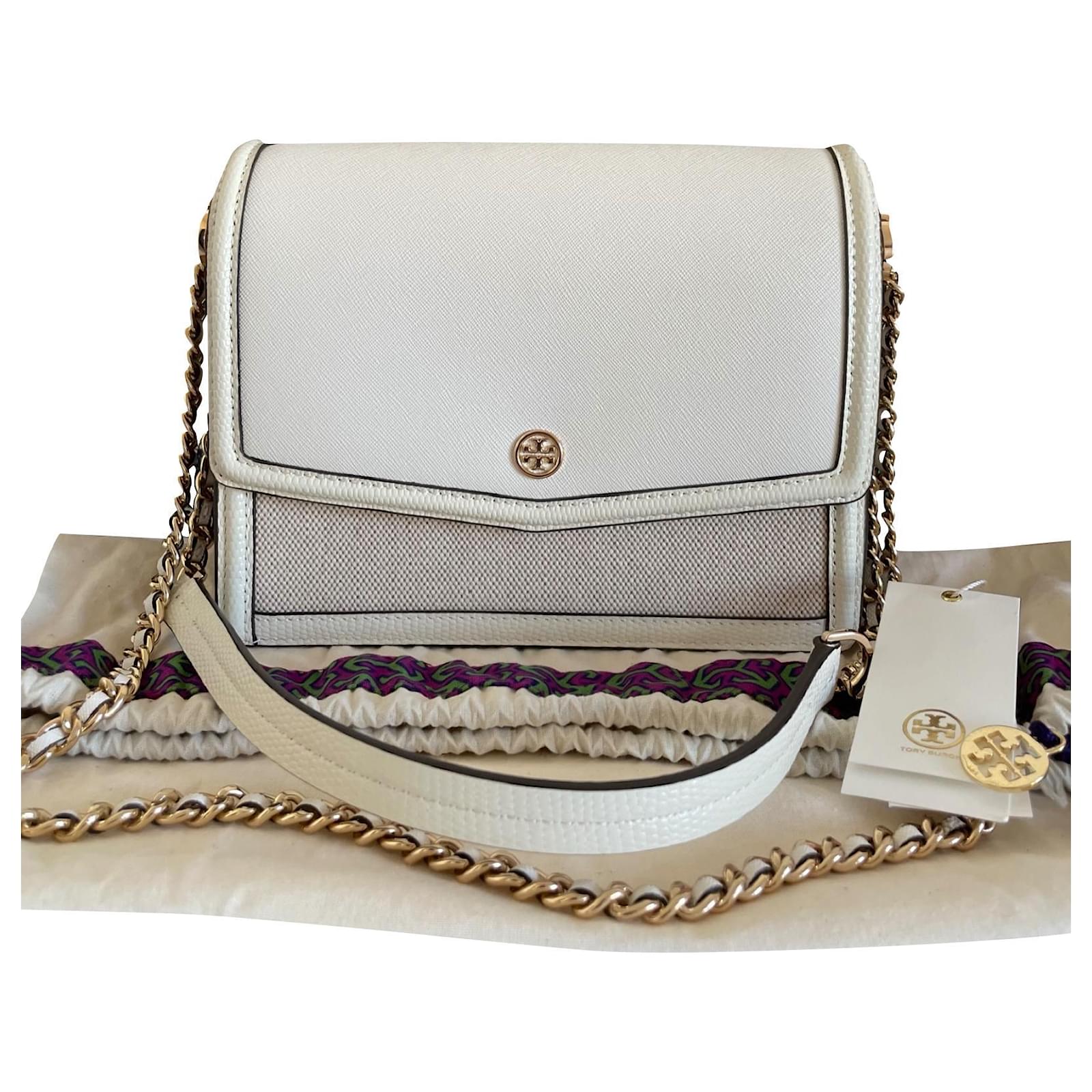 Tory Burch Robinson Canvas Floral Interior Convertible Shoulder Bag Brown  White Beige Yellow Suede Leather Cloth  - Joli Closet