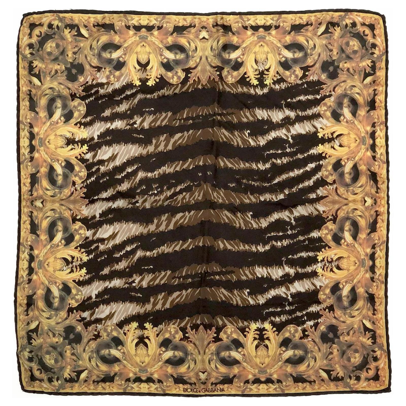 DOLCE & GABBANA 45 scarf in brown silk twill with yellow baroque print   - Joli Closet