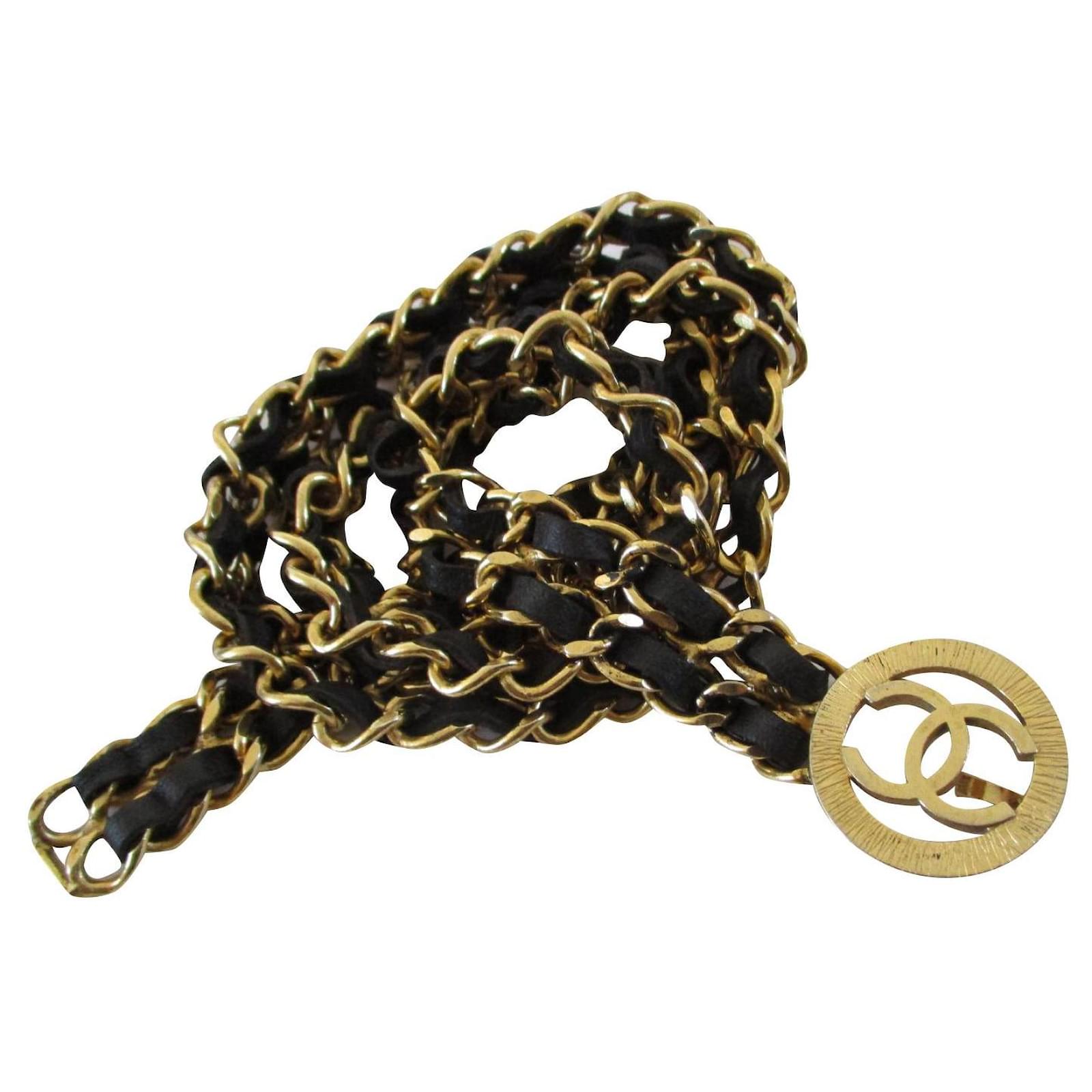 CHANEL Gold Plated & Black Leather CC Logos Vintage Chain Belt