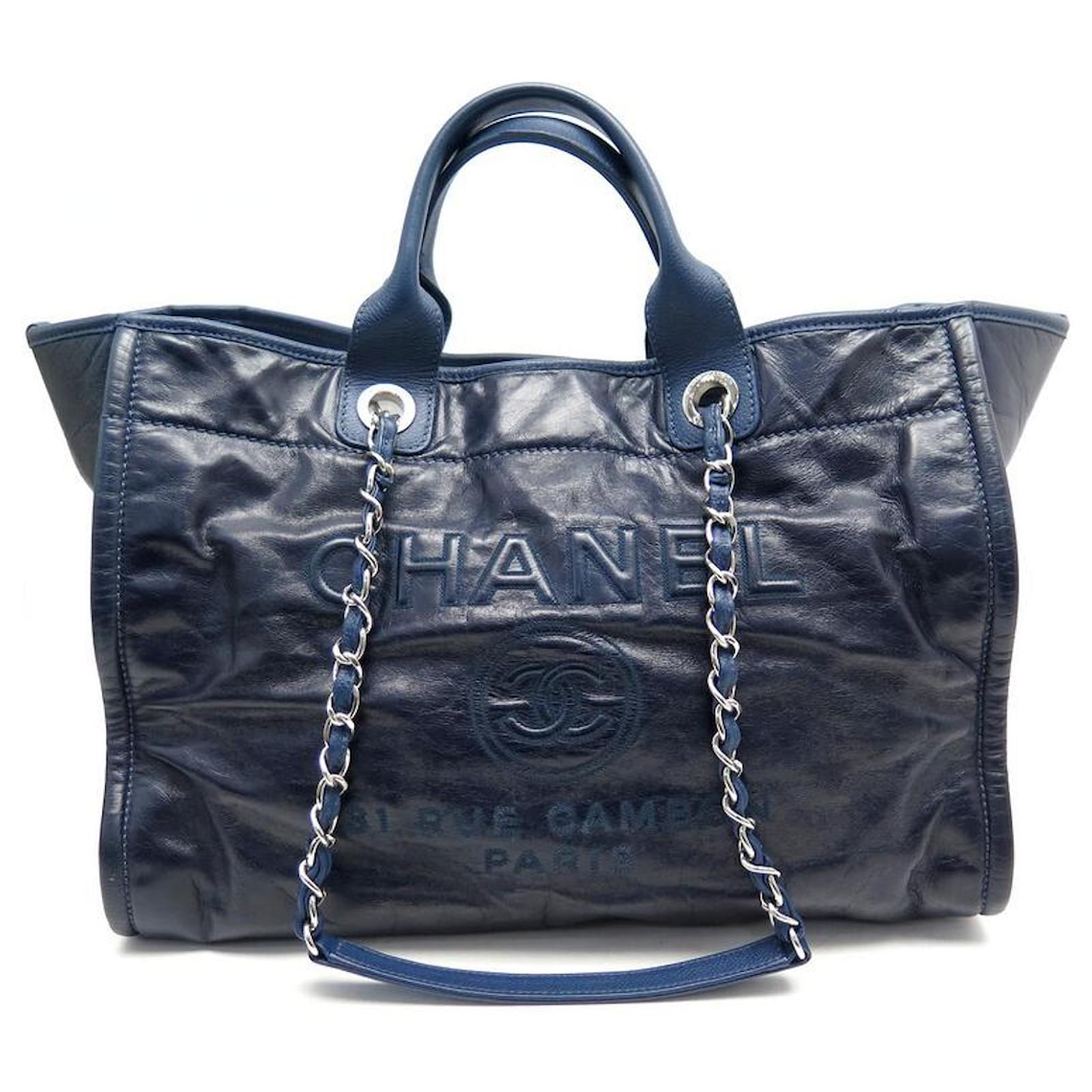 Chanel Blue Cloth Blue Leather Deauville Large Tote Bag