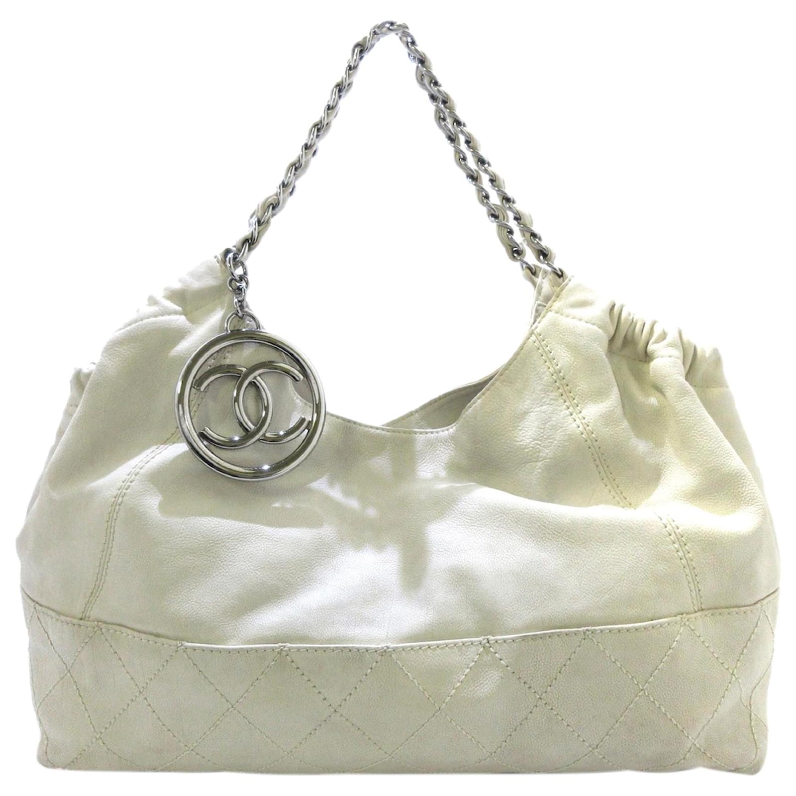 Authentic Chanel White Calfskin Leather Coco Cabas Shoulder Tote Bag