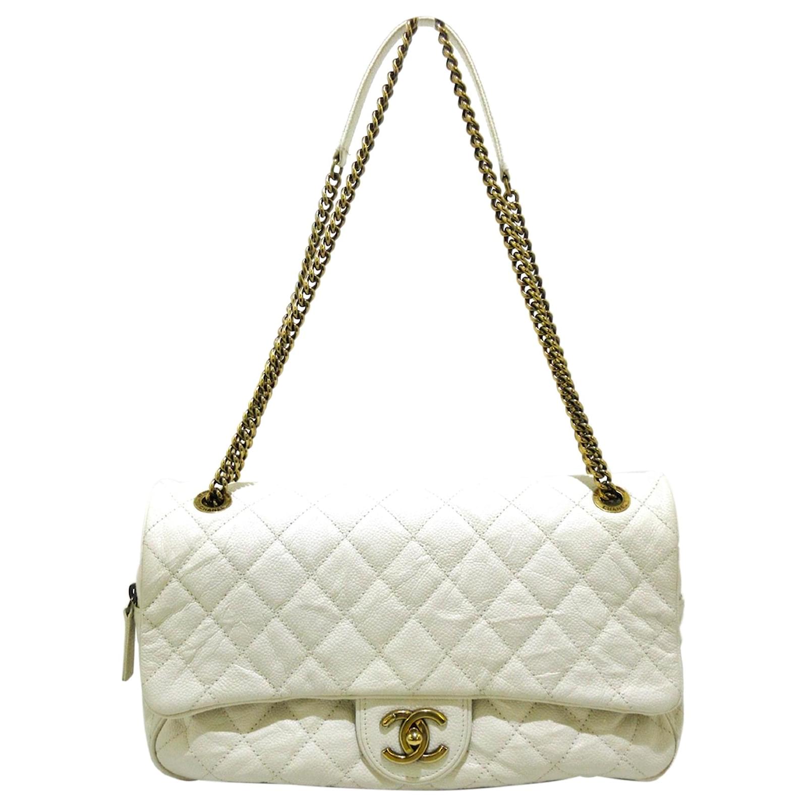 Borsa con patta singola in pelle caviale bianca Chanel Bianco  -  Joli Closet