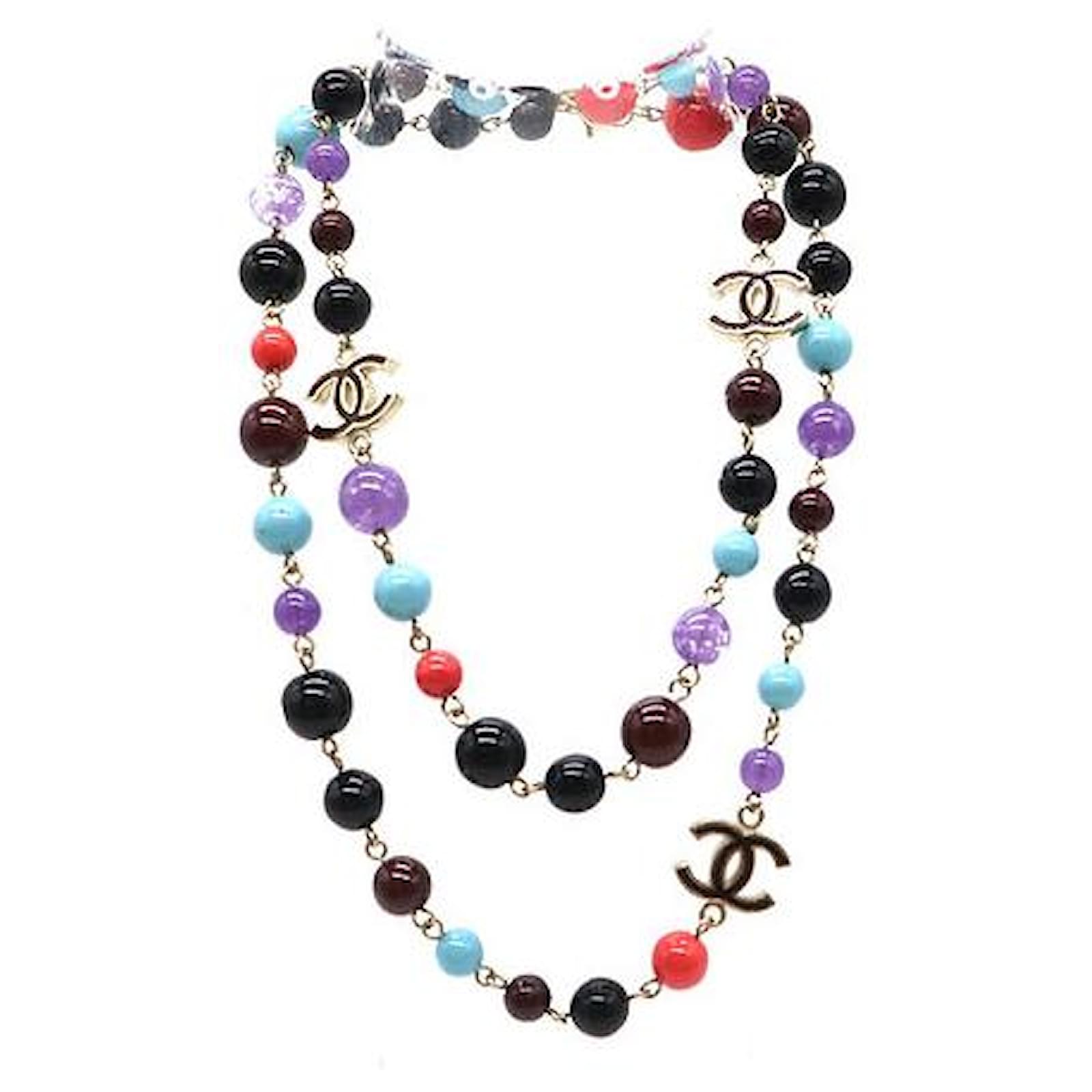 Chanel Gold Multicolor CC Pearls Beads Necklace