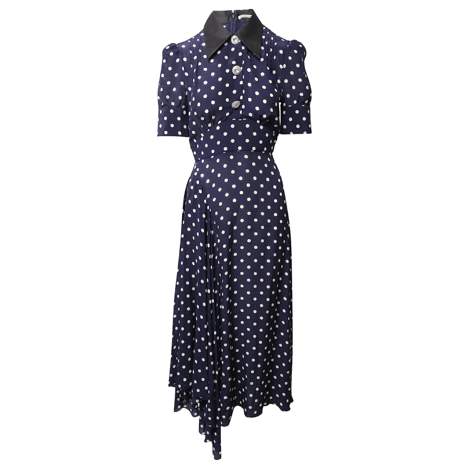 Alessandra Rich Polka Dot Midi Dress in Navy Blue Silk