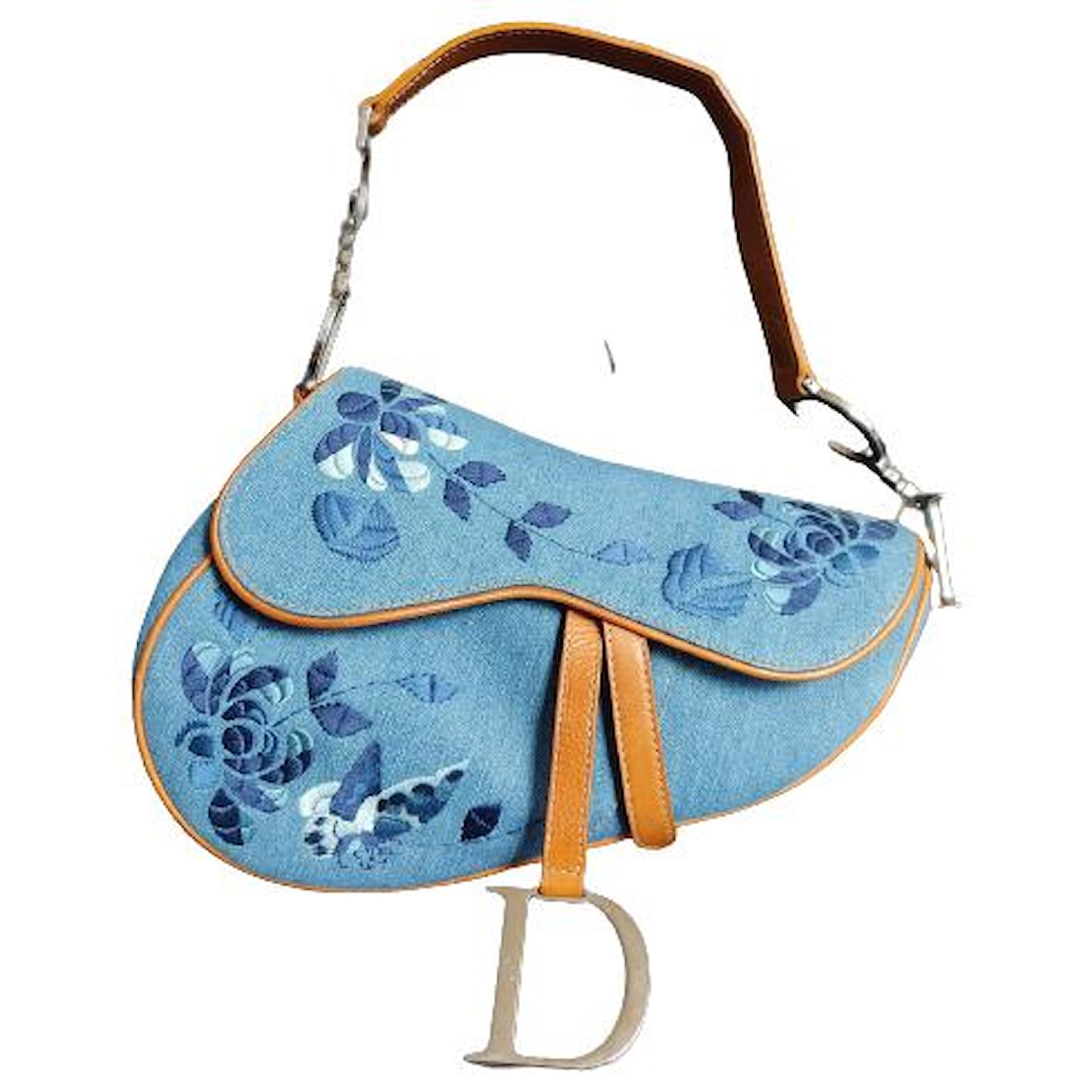 Auth Christian Dior Blue Denim Floral Saddle Bag