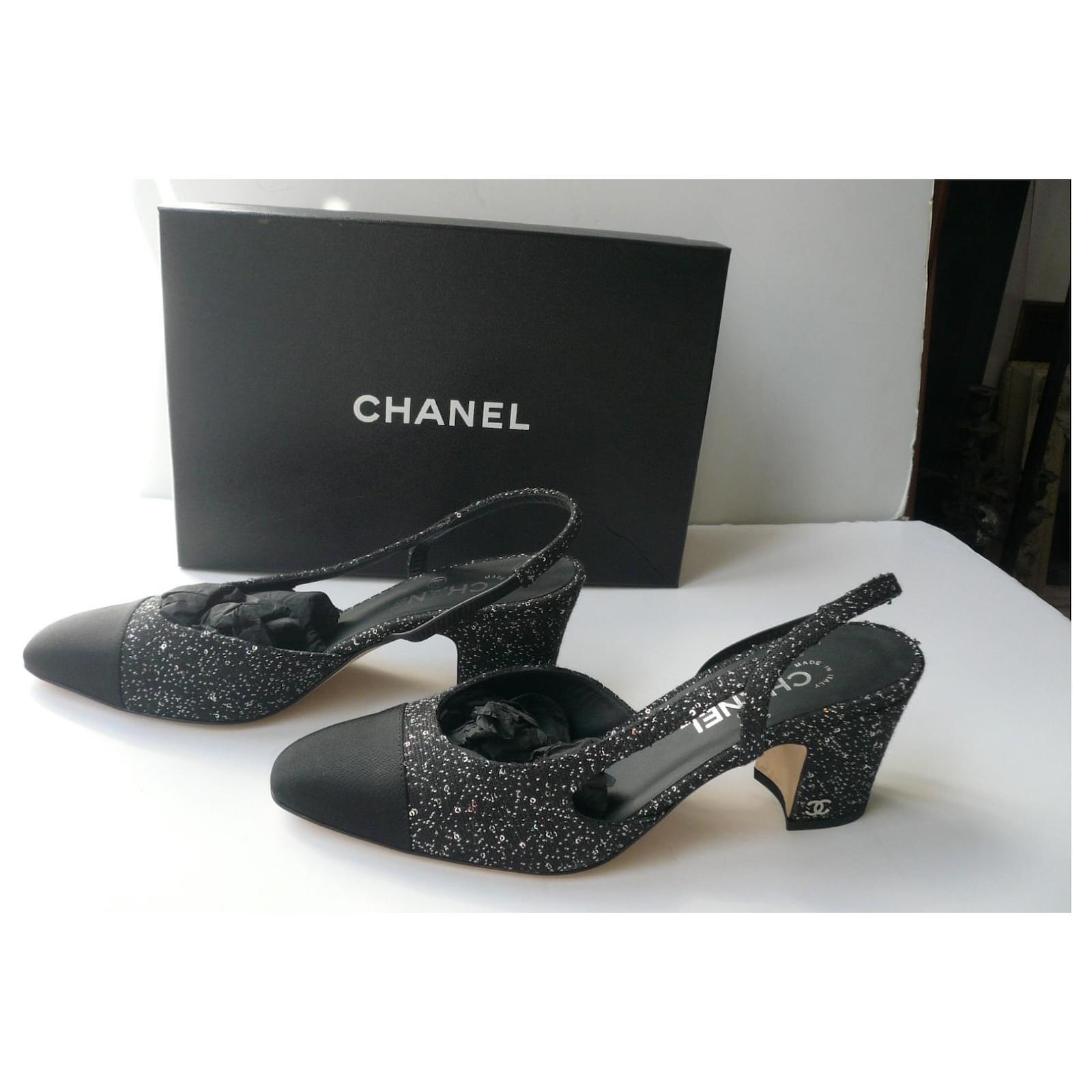 CHANEL, Shoes, Chanel Slingbacks Printed Tweed Grosgrain Black Pink White  Multi Color Sz 35