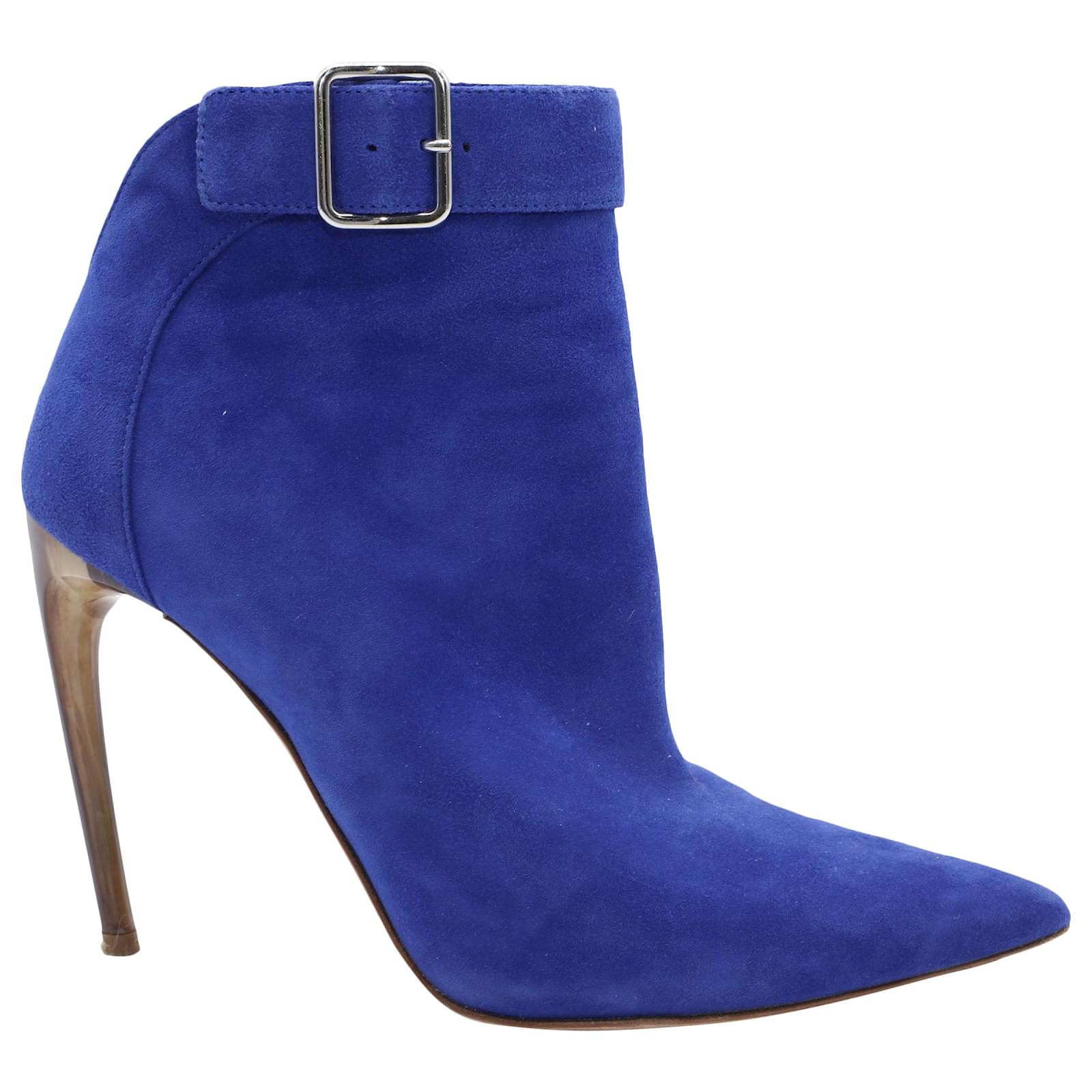 Alexander McQueen 105 Botines Tacón Cuerno Curvado en Ante Azul Suecia  ref.518633 - Joli Closet