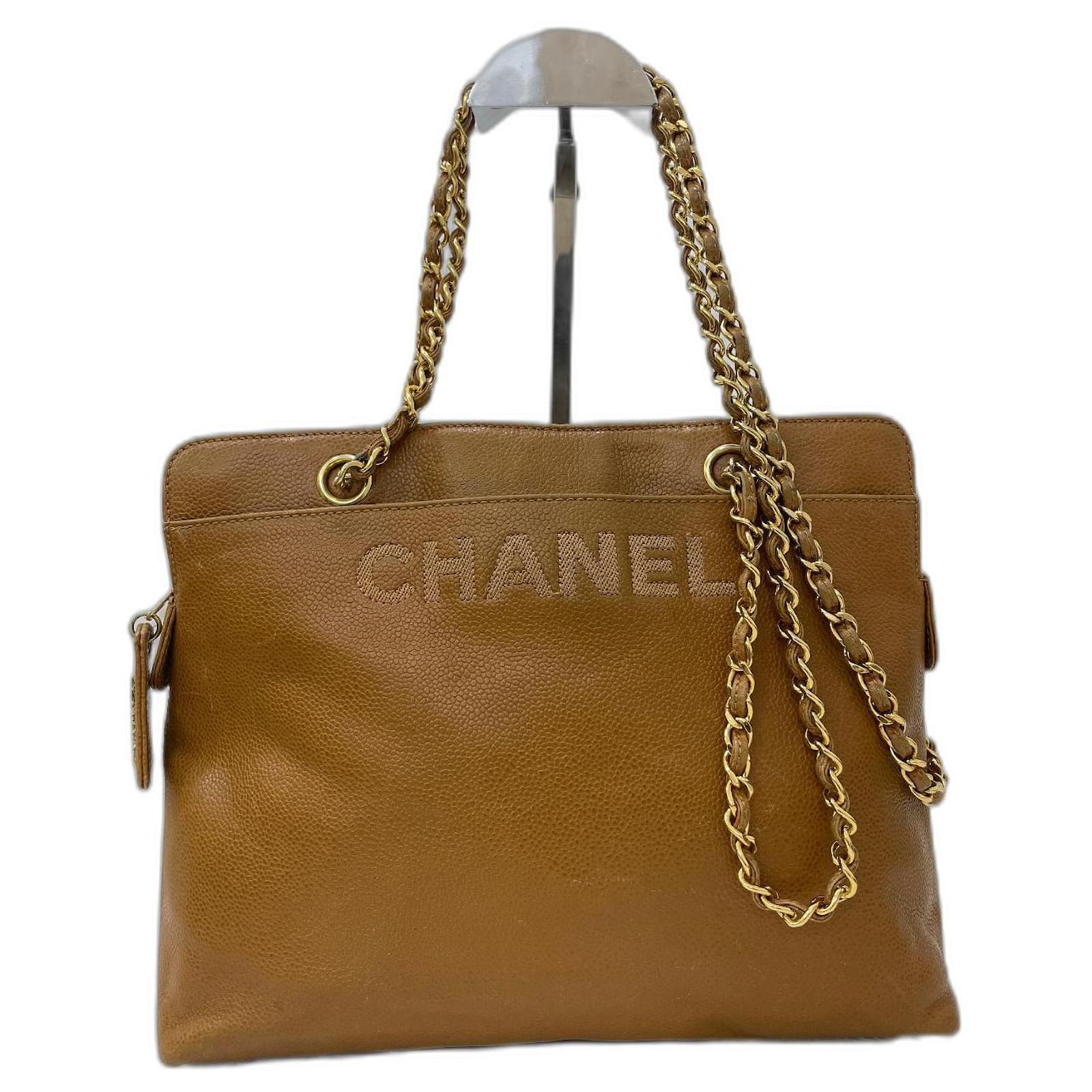 Vintage CHANEL Brown Beige Caviar Leather Chain Tote Bag 