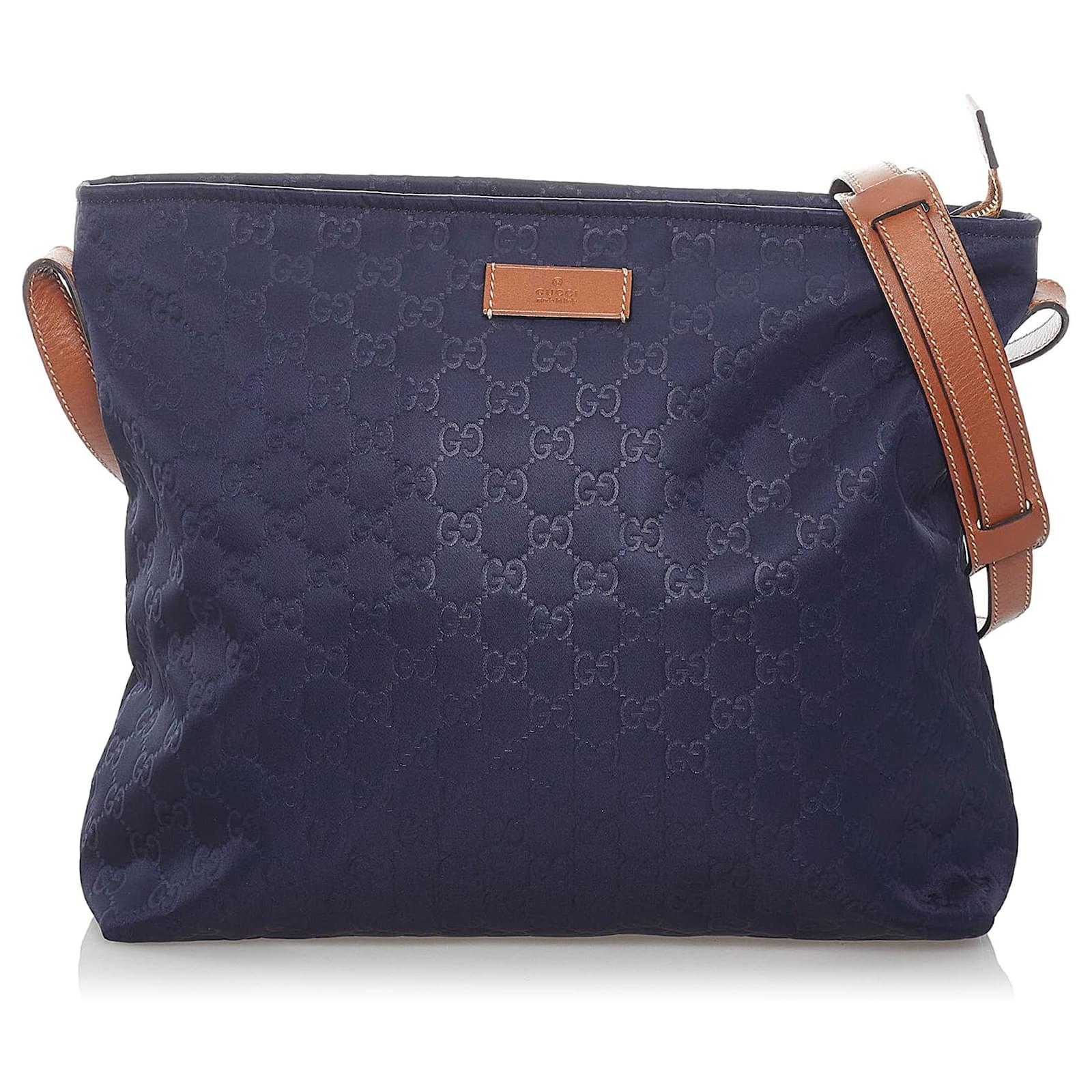 Gucci Blue GG Nylon Crossbody Bag Brown Leather Pony-style