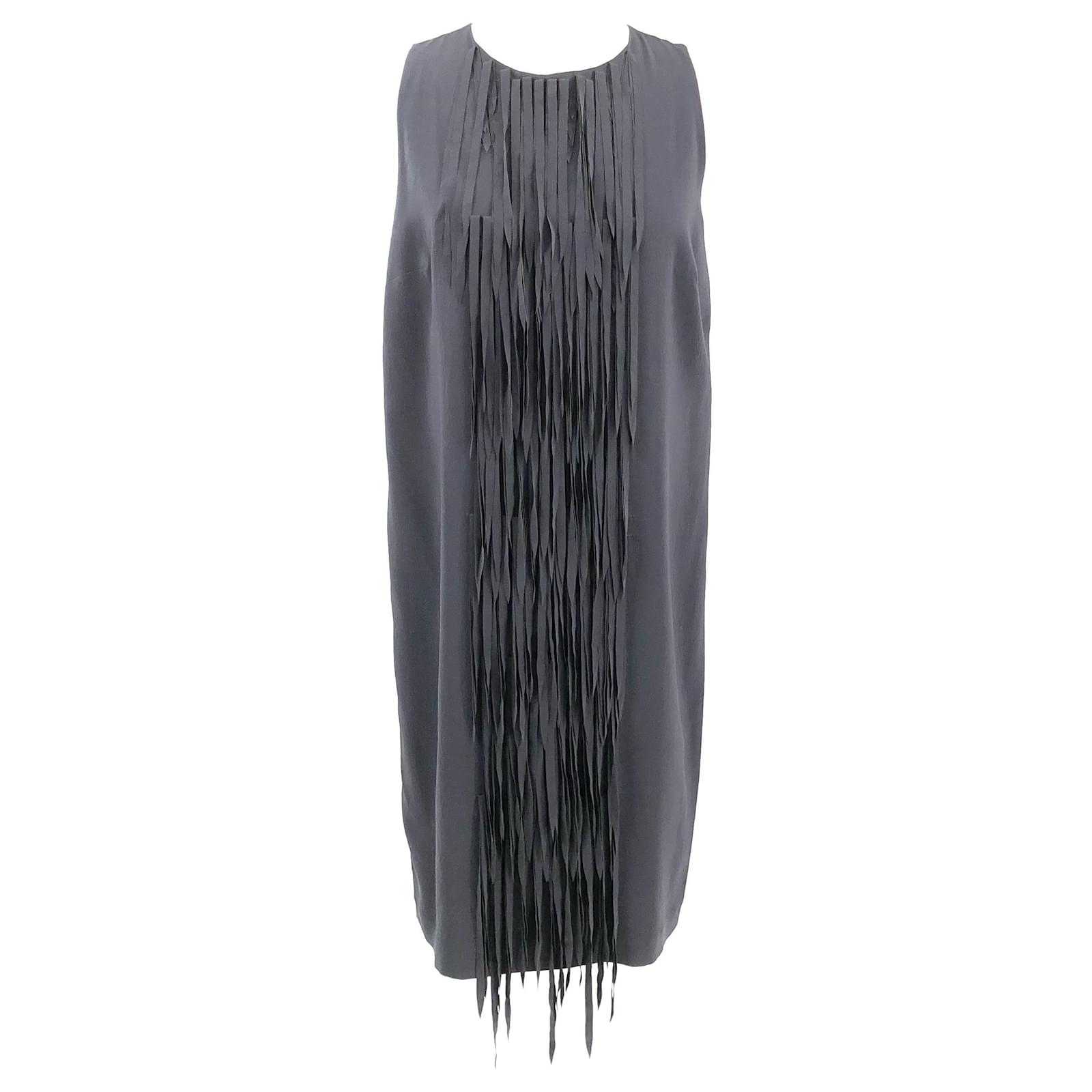 Brunello Cucinelli shift dress in grey silk with fringe