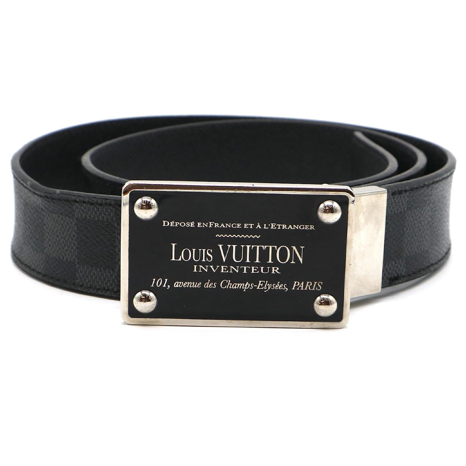 LOUIS VUITTON Size 36 Black Grey Damier Leather Belt For Sale at