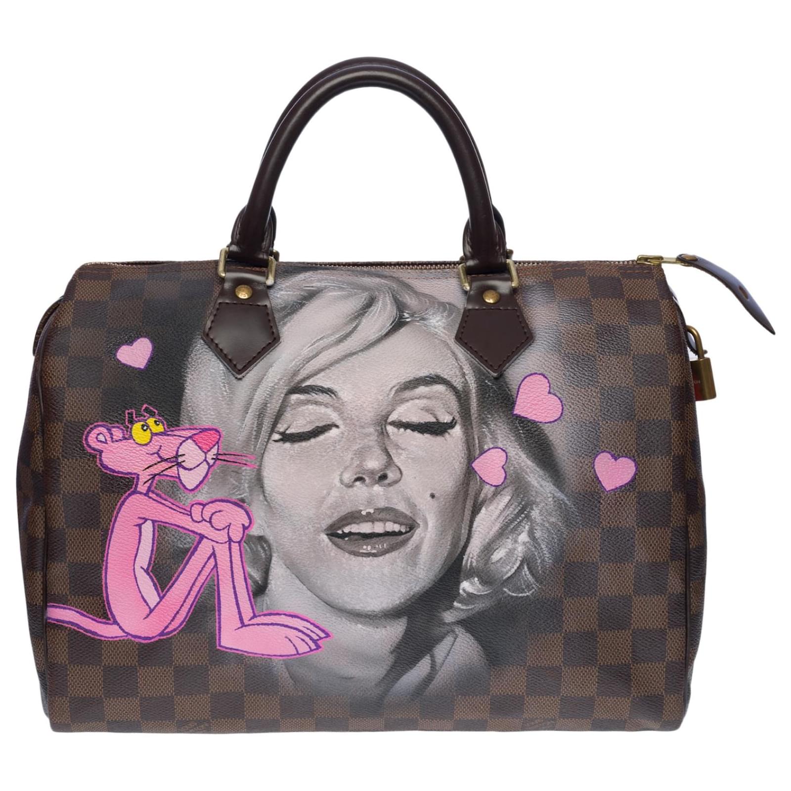 Sac Louis Vuitton speedy 30 in ebony checkered canvas customized Pink  Panther in love with Marilyn Brown Cloth ref.522935 - Joli Closet