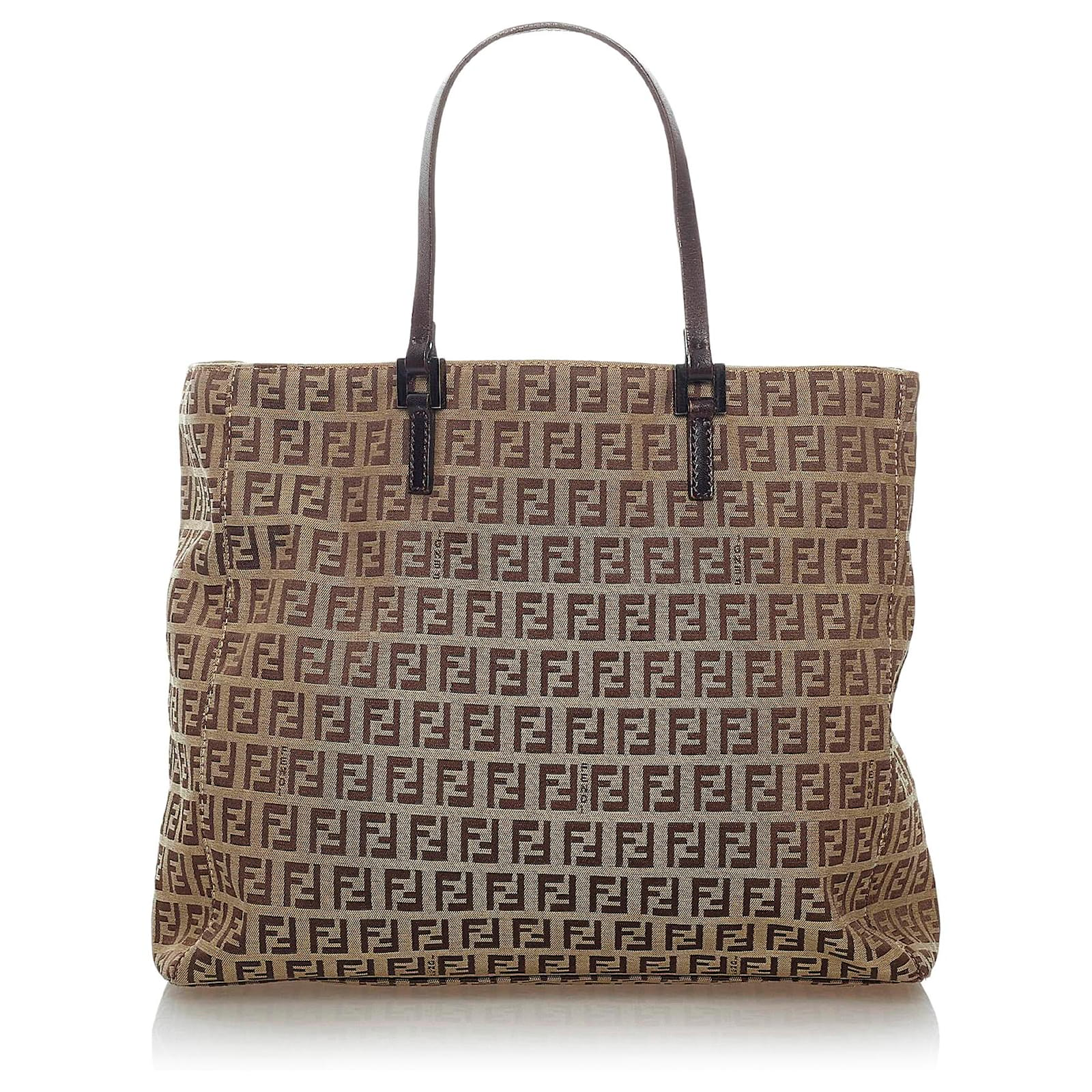 Fendi Tote Brown Monogram Canvas Leather Strap Handbag