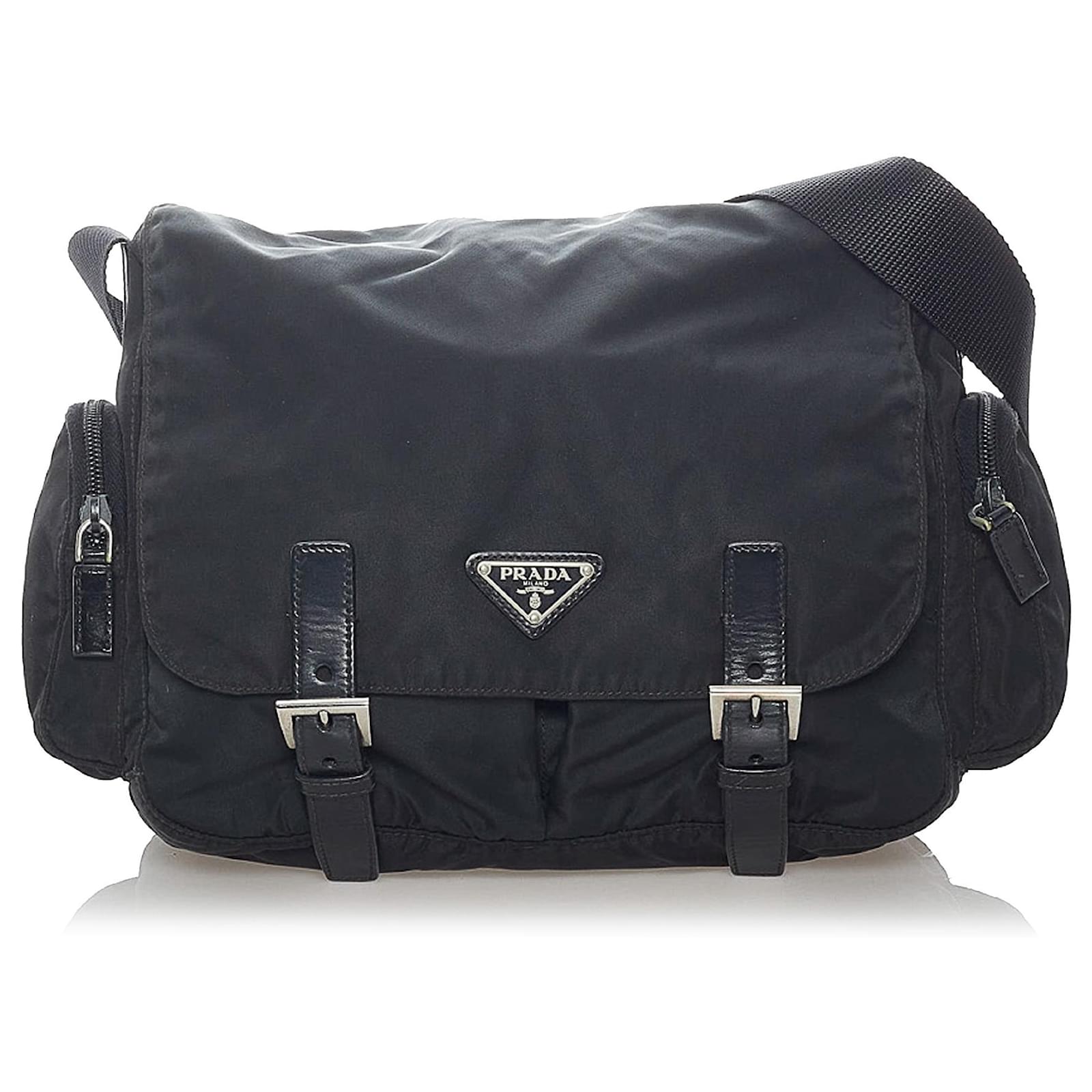 Prada Black Nylon Tessuto Messenger Crossbody Bag Leather ref