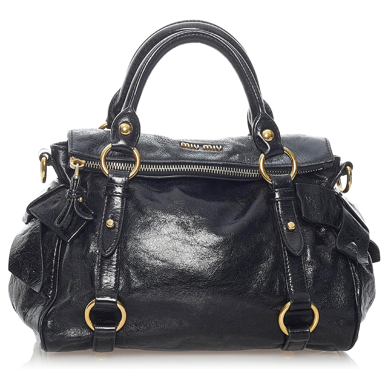 Miu Miu Black Vitello Lux Bow Handbag Leather Pony-style calfskin