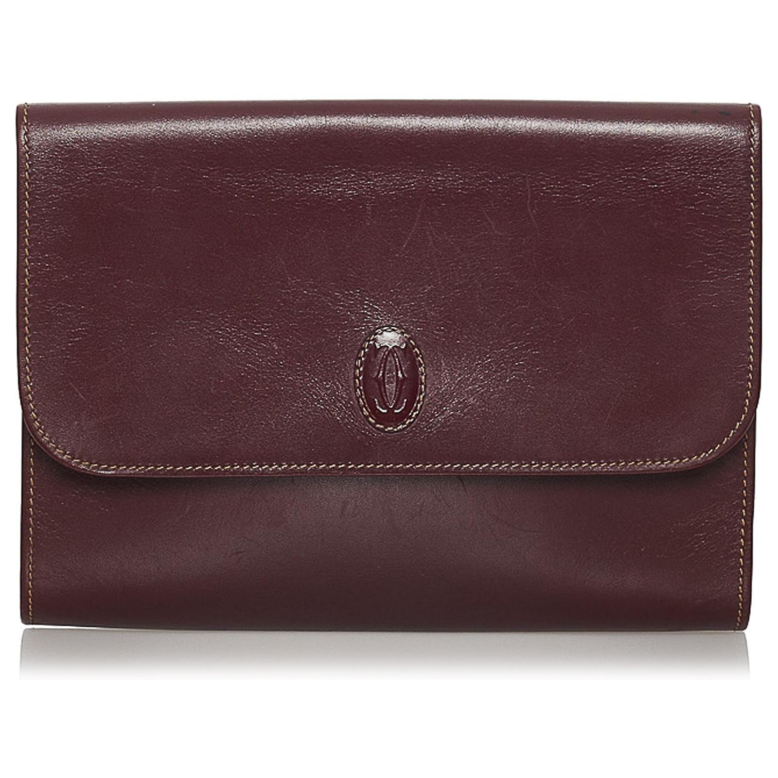 Pochette Soirée Vintage En Cuir - Couleur Rouge Bordeaux - Fermeture Bouton Pression - Occasion