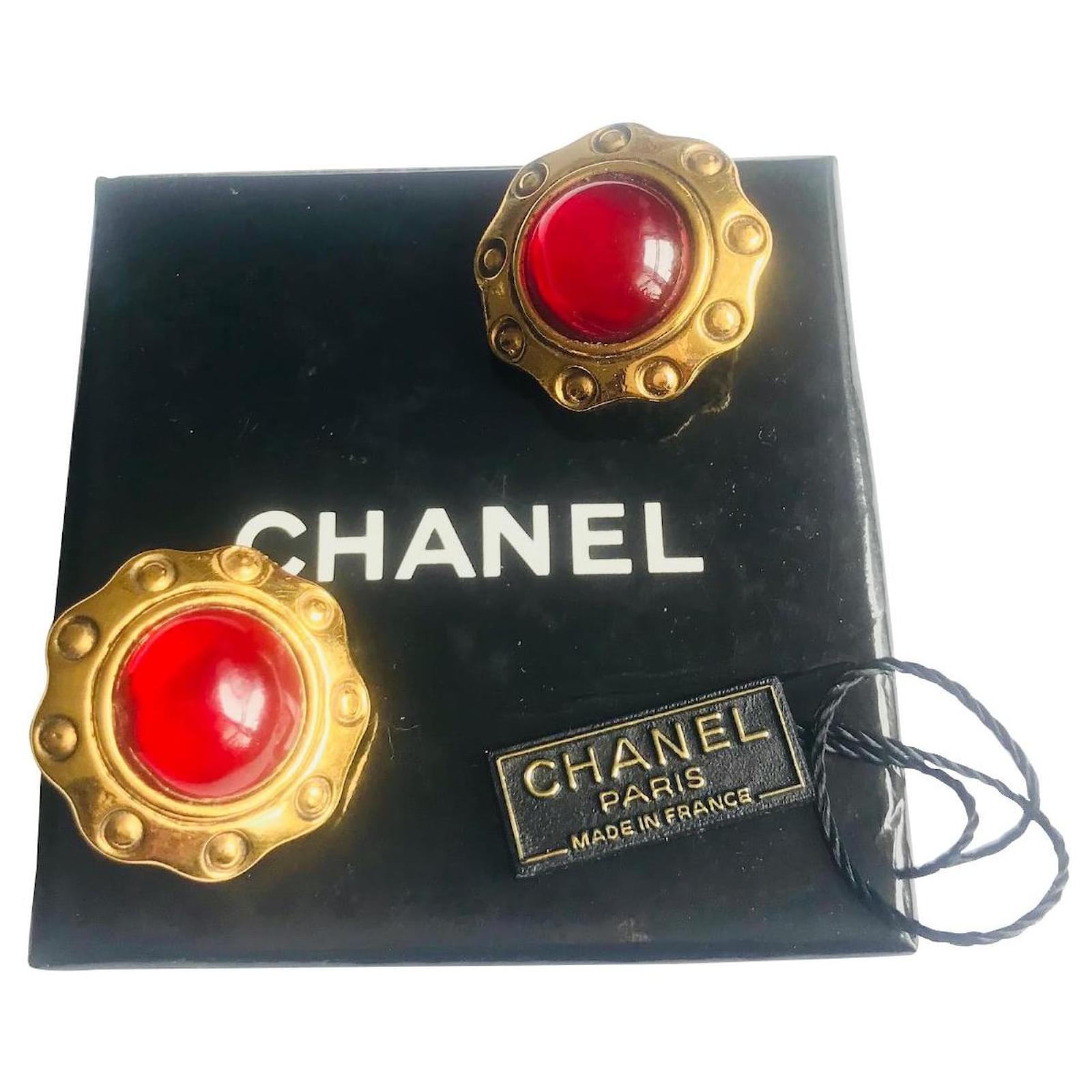 Chanel Gripoix Clip On Vintage Earrings Red Gold hardware Metal