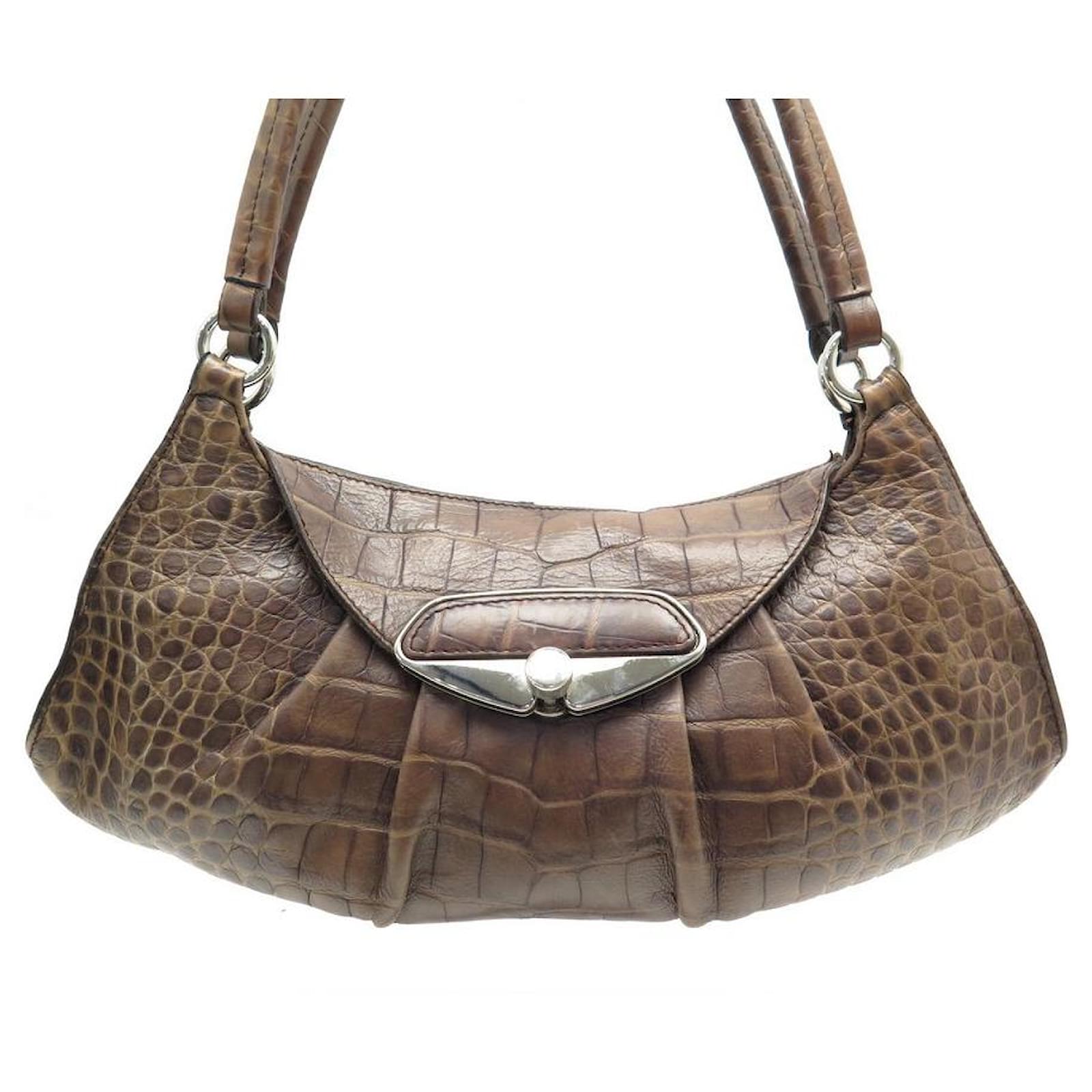 Furla Italian Leather Embossed Crocodile Tote Shoulder Bag Satchel Handbag  Taupe