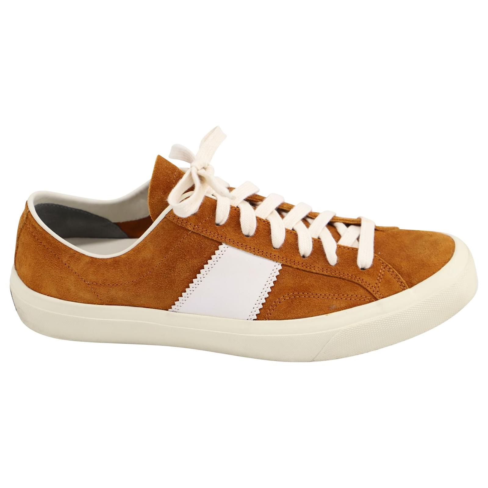 Tom Ford Cambridge Leather-Trimmed Sneakers in Ochre Suede Brown Red   - Joli Closet