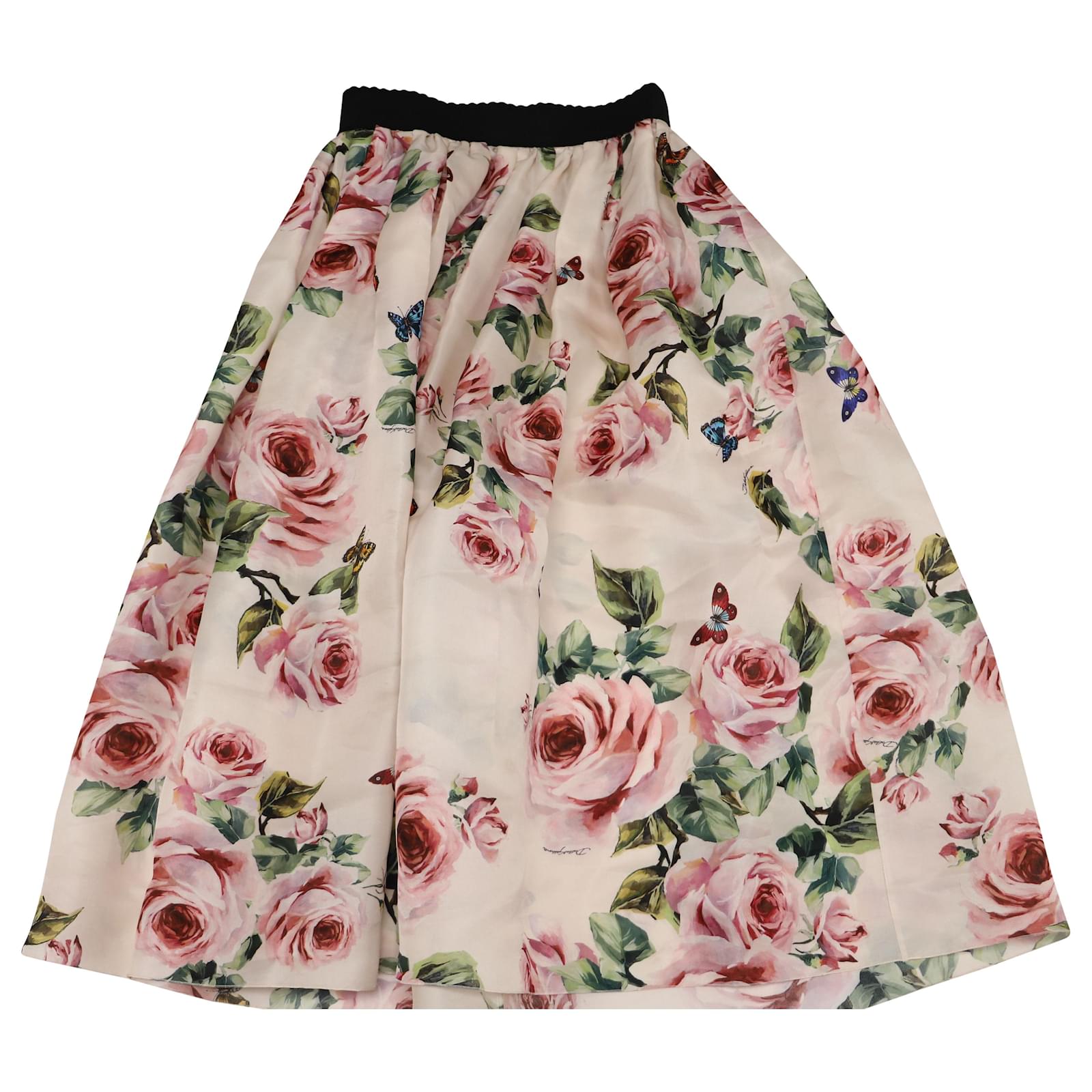 Dolce & Gabbana Rose Print Organdy Midi Skirt in Pink Silk  -  Joli Closet