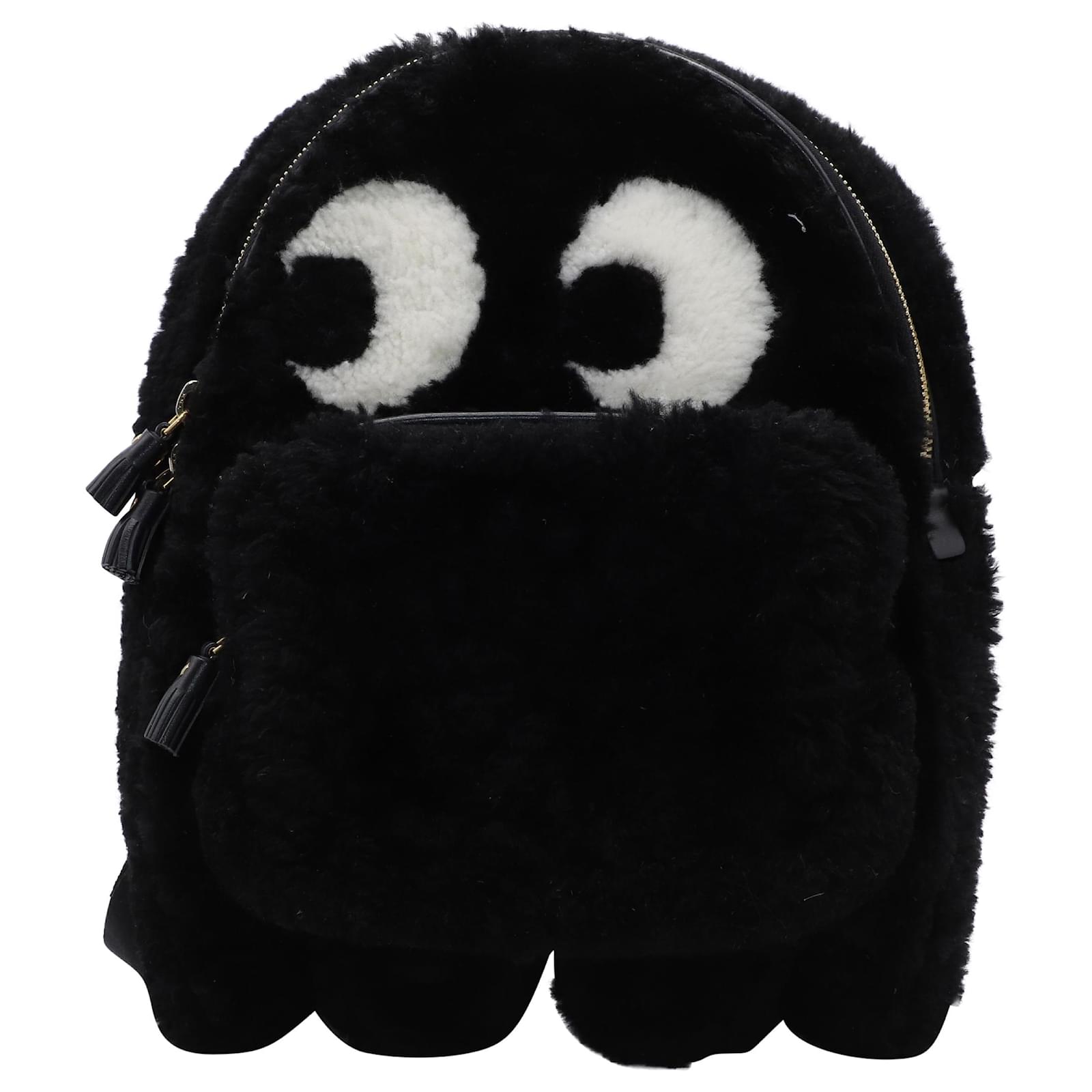 Mini Sac à Dos Anya Hindmarch Ghost en Fausse Fourrure Noire Laine ref