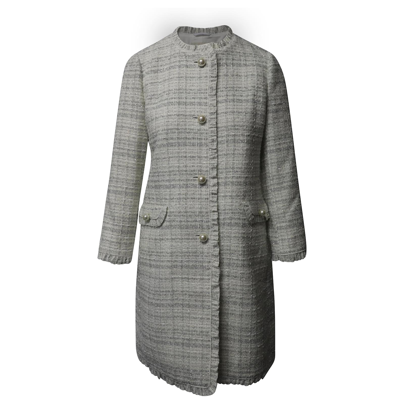 Kate Spade Metallic Tweed Pearl Button Coat in Silver Acrylic Silvery  ref.529168 - Joli Closet
