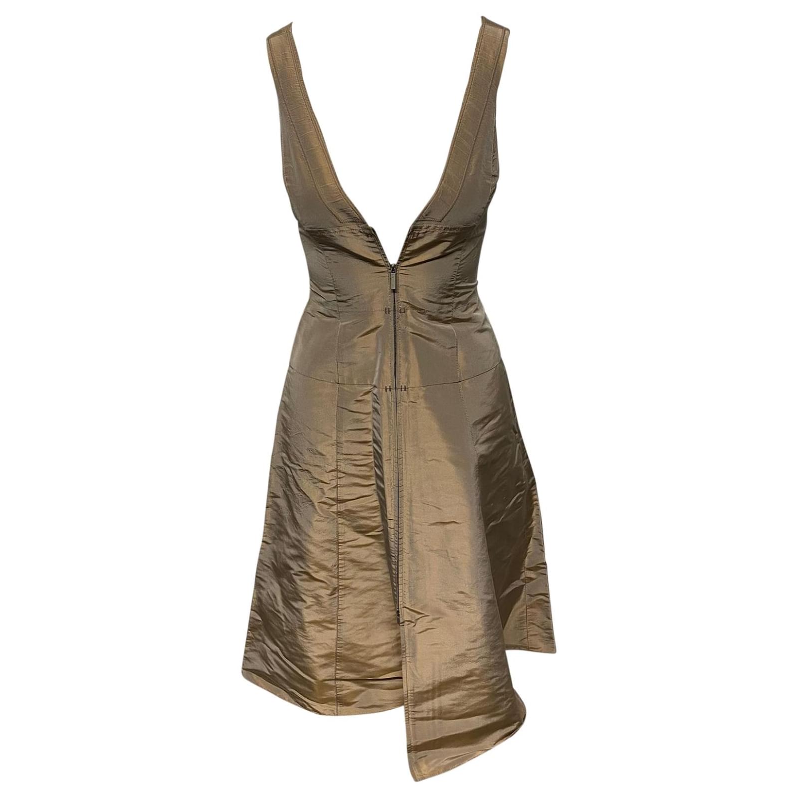 Calvin Klein A-line Front Zipper Dress in Brown Silk Beige  -  Joli Closet
