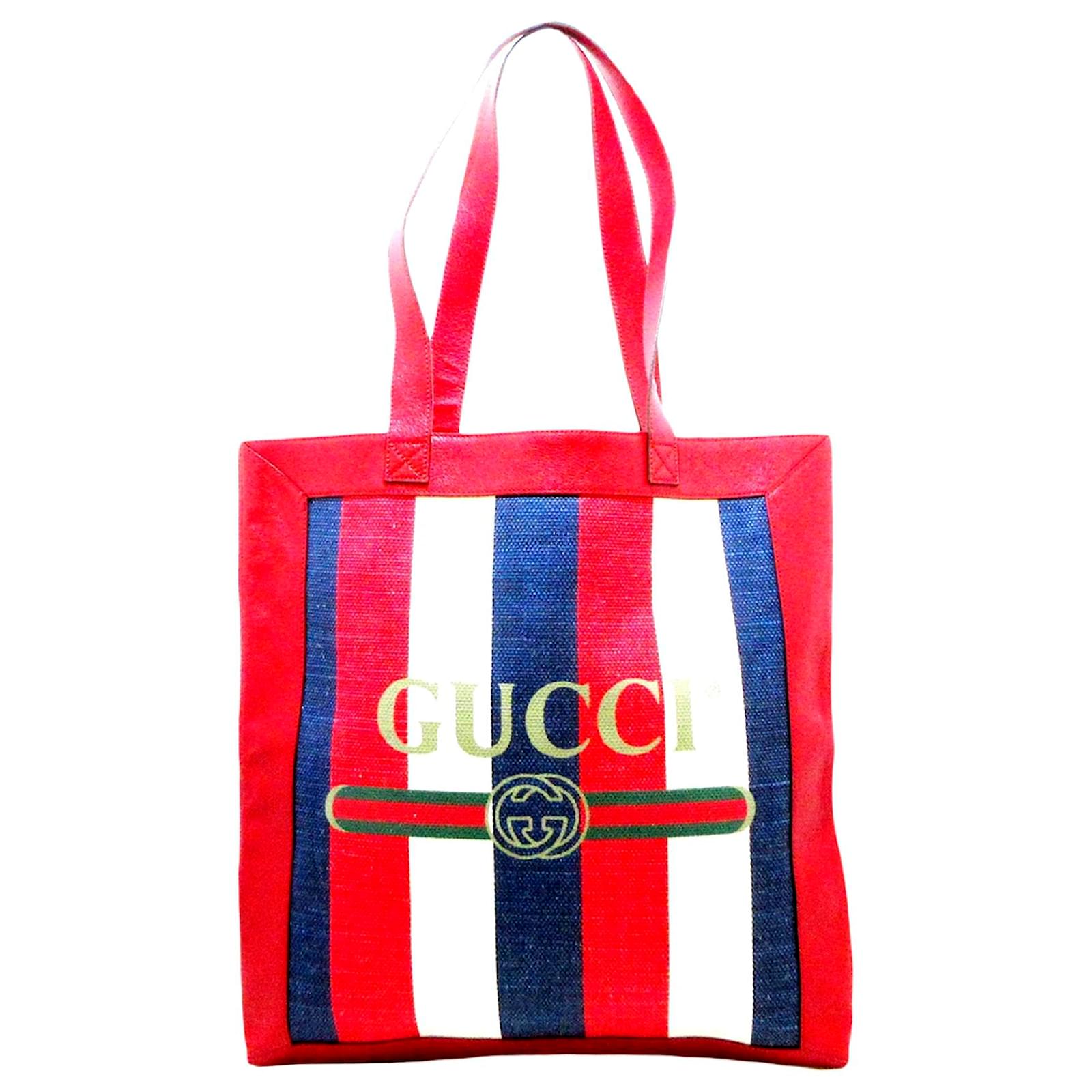 Gucci Logo Striped Leather Canvas Tote Bag Red White Blue