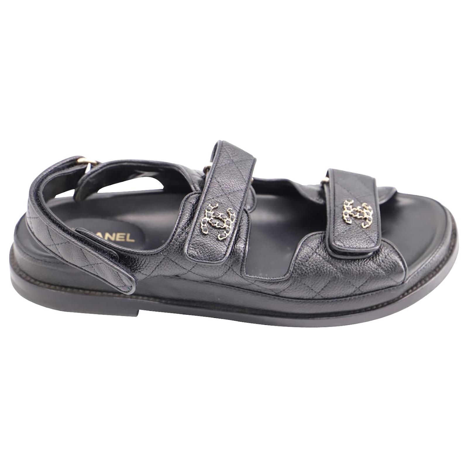 Timeless Chanel Quilted Dad Sandals with lined C Charm in Black Leather   - Joli Closet