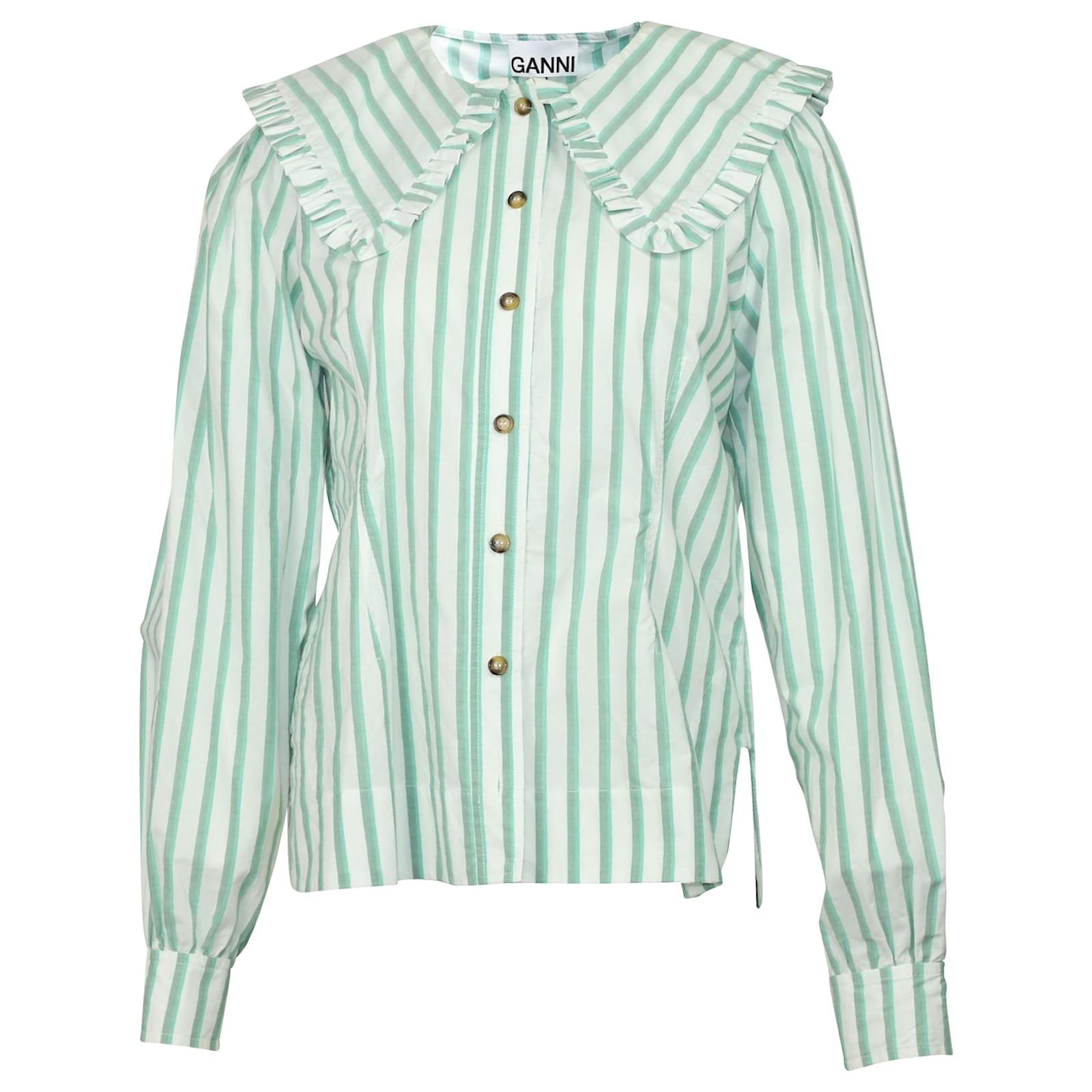 Ganni Striped Ruffled Collar Shirt in Green Cotton ref Ganni Striped Ruffled Collar Shirt in Green Cotton ref