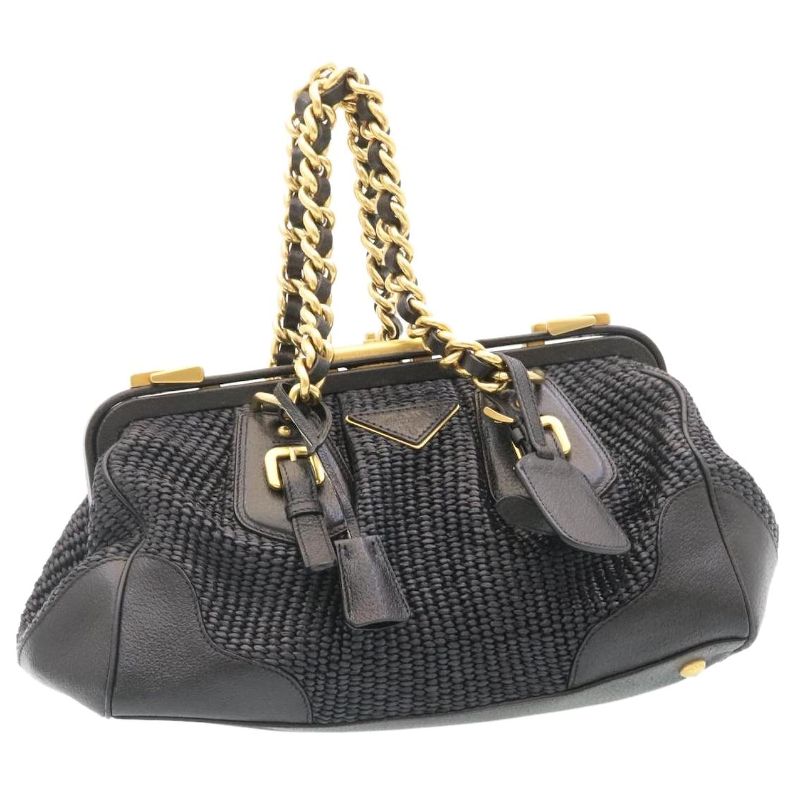 PRADA Chain Clasp Shoulder Bag Canvas Leather Black Auth ar6482 Cloth ref.531605 Joli Closet