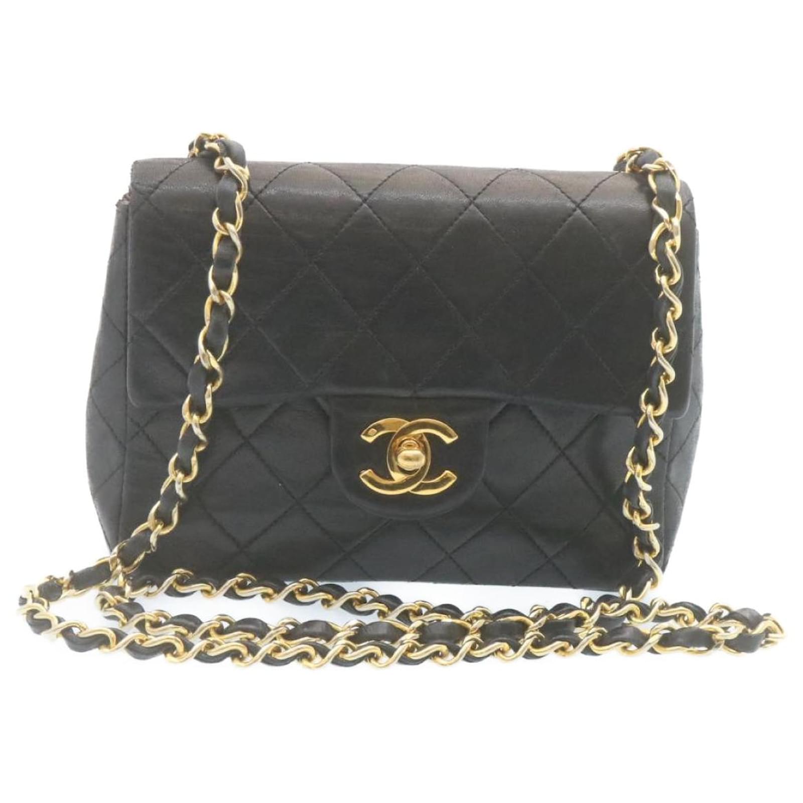 CHANEL Mini Matelasse Chain Flap Shoulder Bag Lamb Skin Black Gold Auth