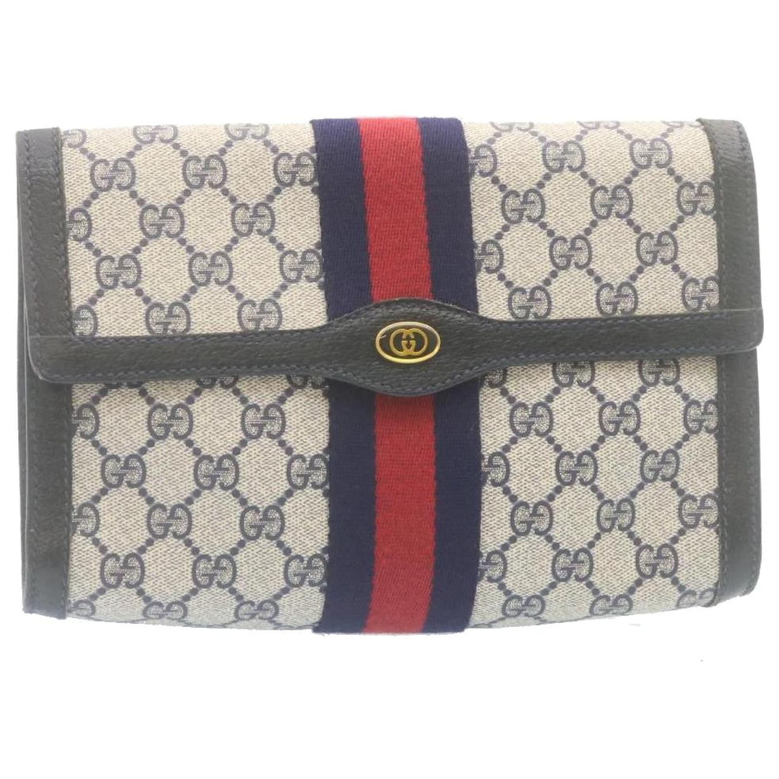 GUCCI GG Canvas Sherry Line Clutch Bag Navy Red Auth th2423 Navy blue ...