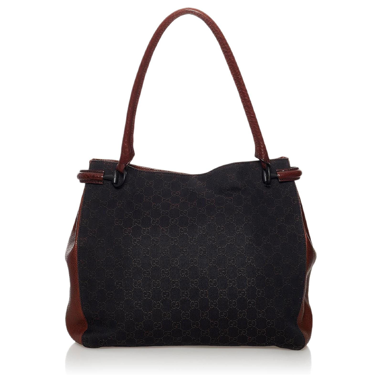 Gucci Black GG Canvas Tote Bag Leather Cloth Ponystyle calfskin Cloth