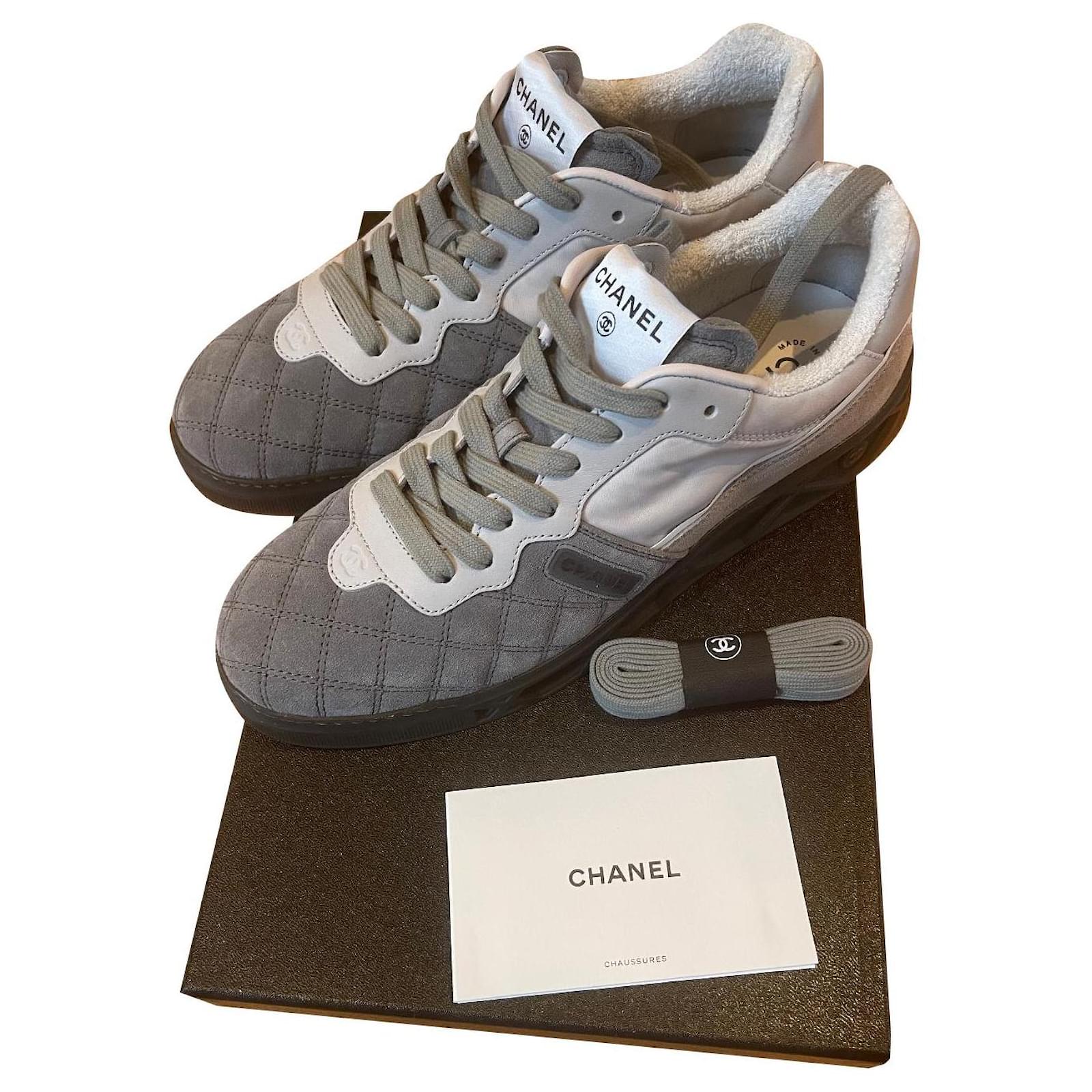 Chanel Sneakers Dark Grey Leather Cloth Ref 534953 Joli Closet